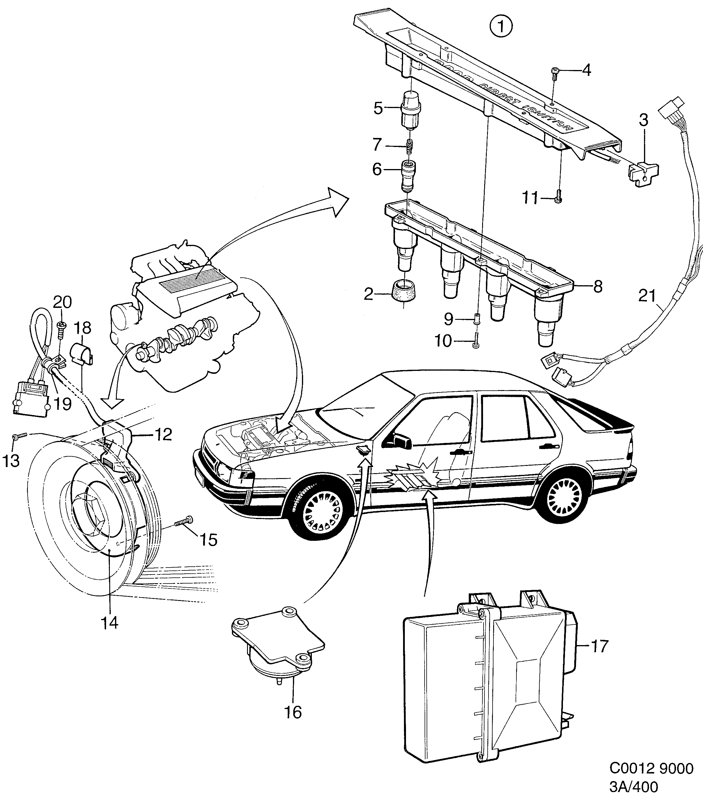 Schéma technique Saab 9000 1989 - Section 400 : Système d'allumage