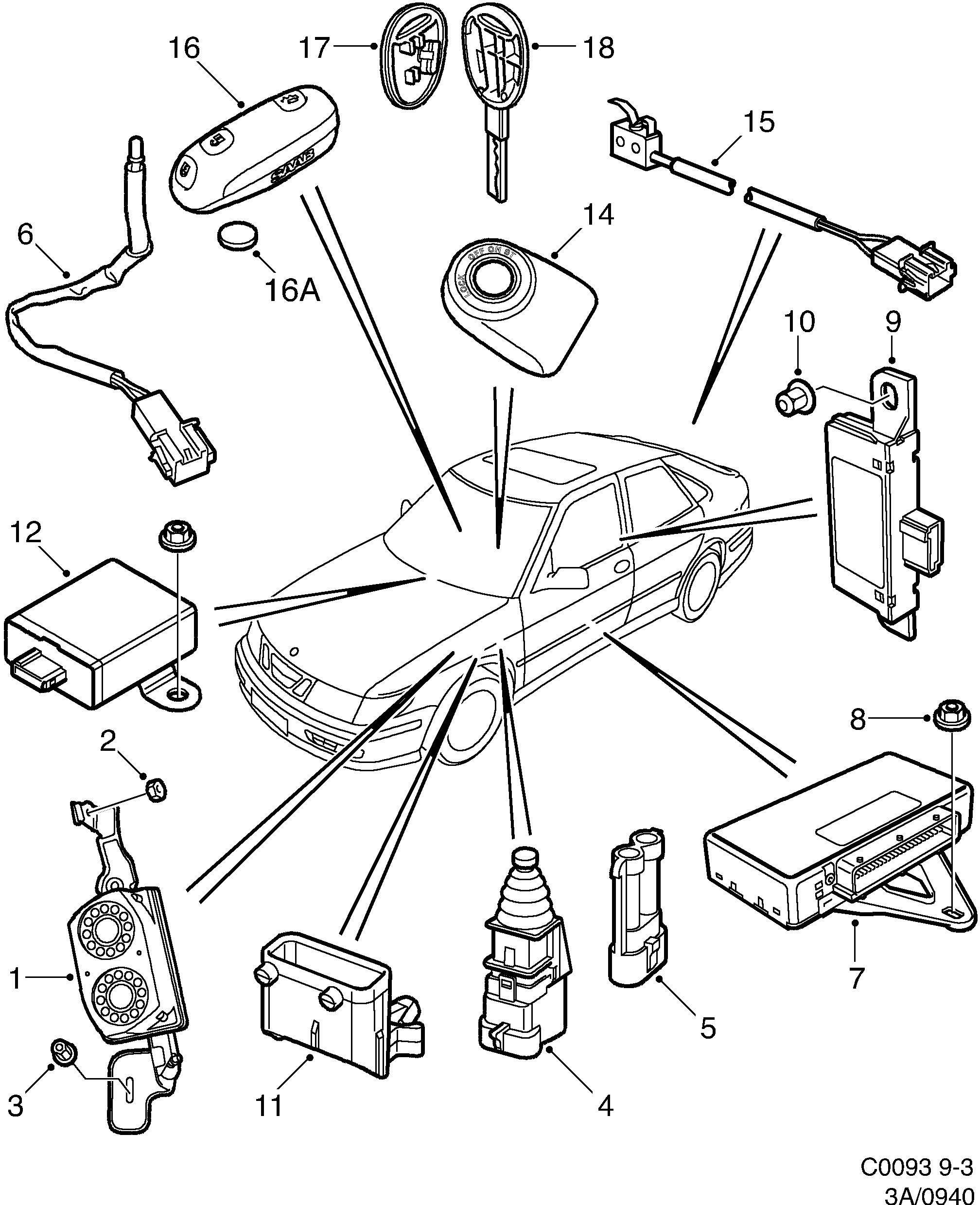 Schéma technique Saab 9-3 (9400) 2000 - Section 940 : Autre équipement électrique