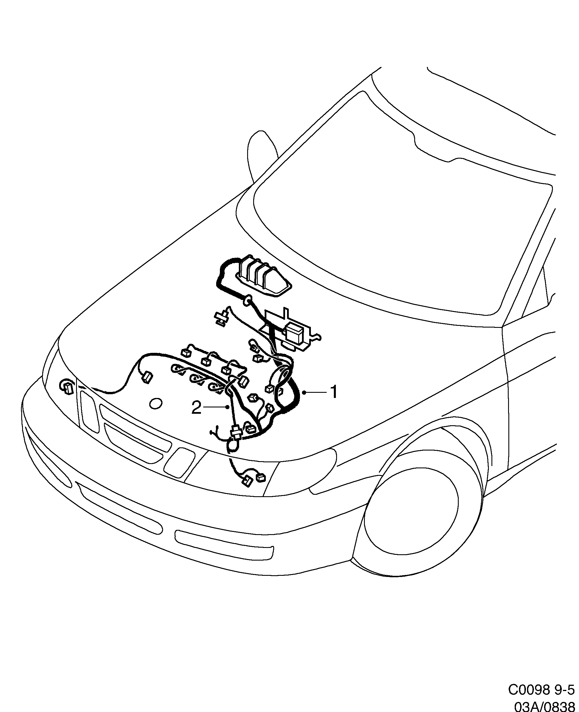 Schéma technique Saab 9-5 (9600) 2000 - Section 838 : Conduites et fusibles