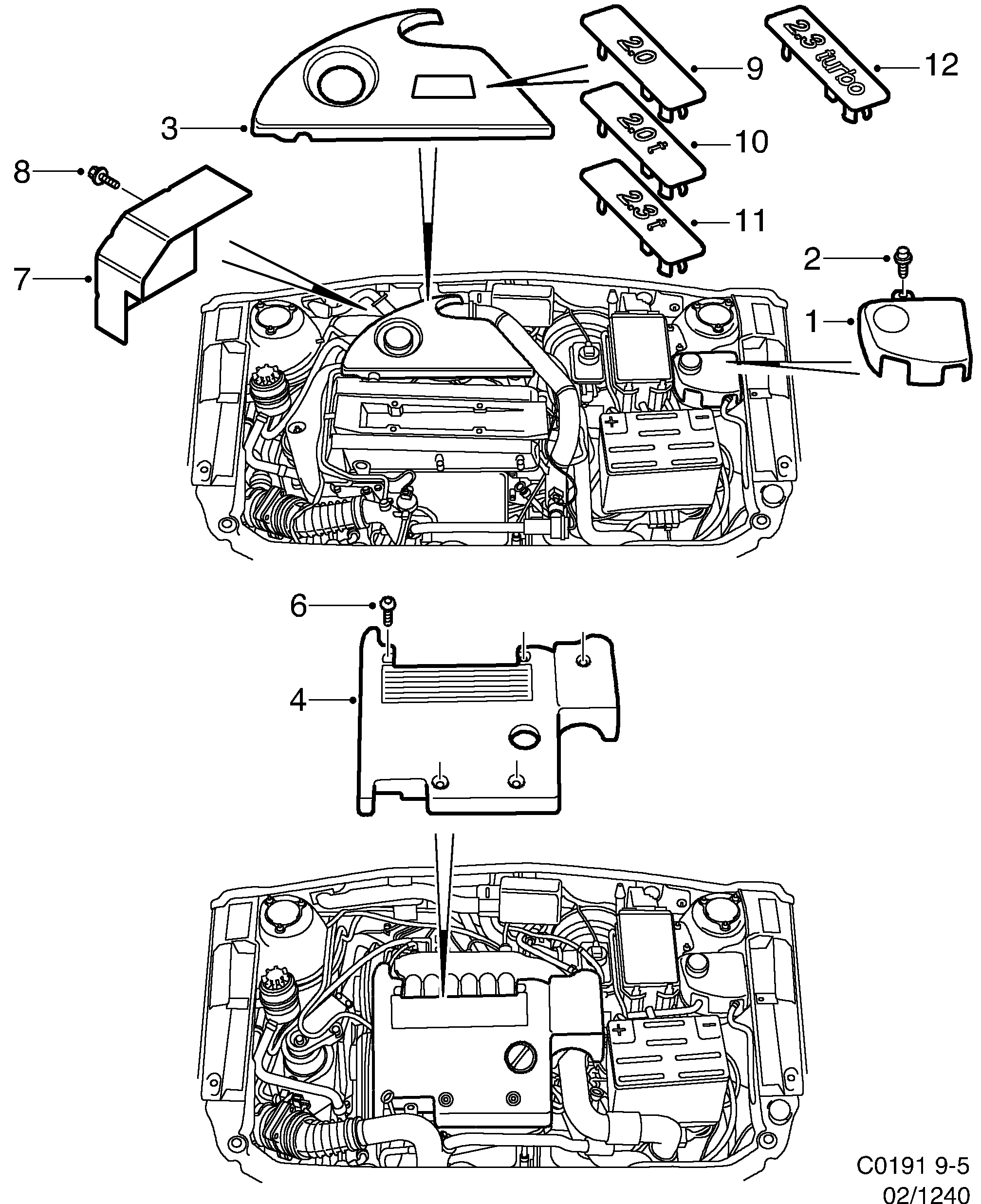 Schéma technique Saab 9-5 (9600) 2002 - Section 1240 : Couvercle de moteur