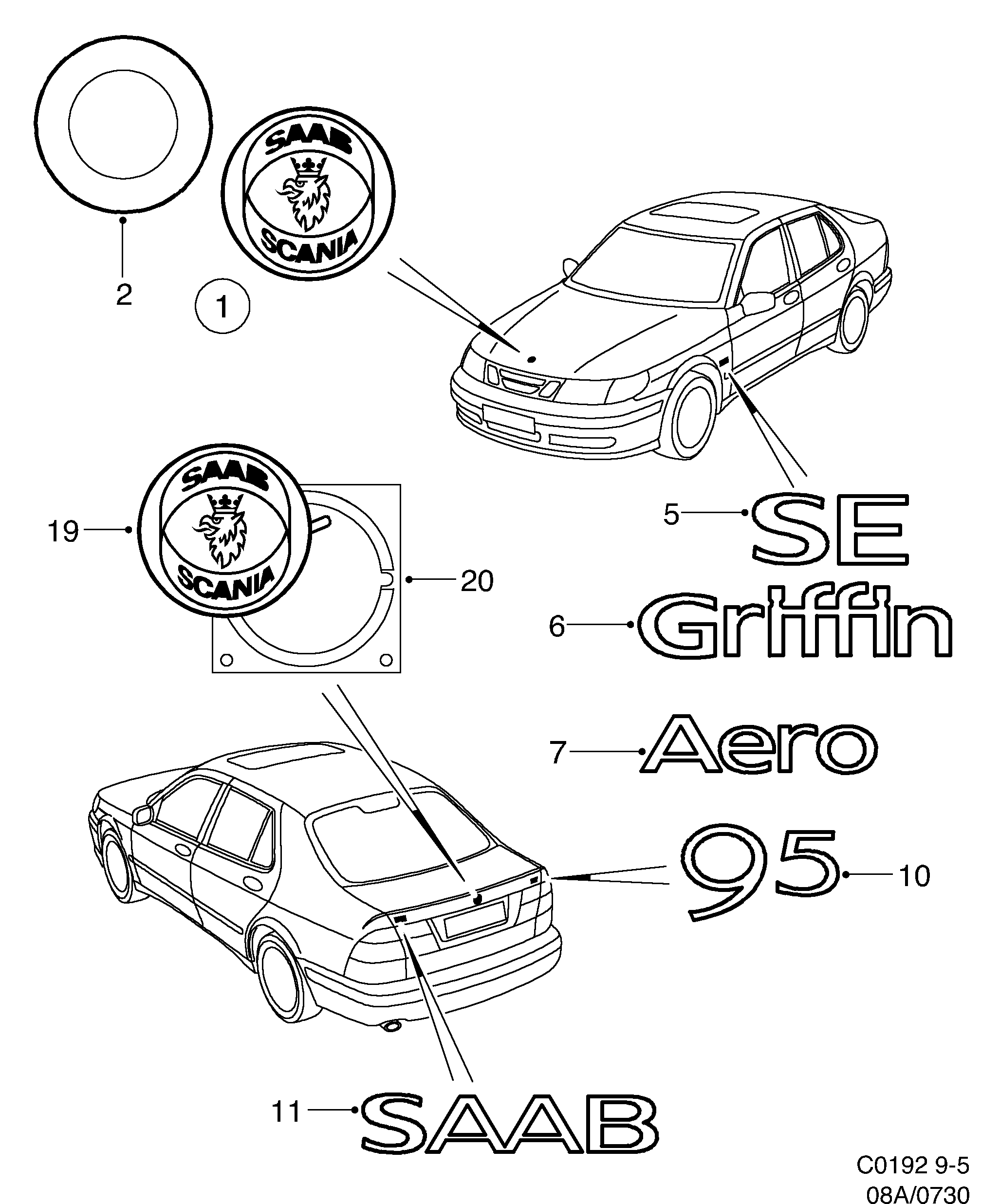 Schéma technique Saab 9-5 (9600) 1999 - Section 730 : Внешние детали
