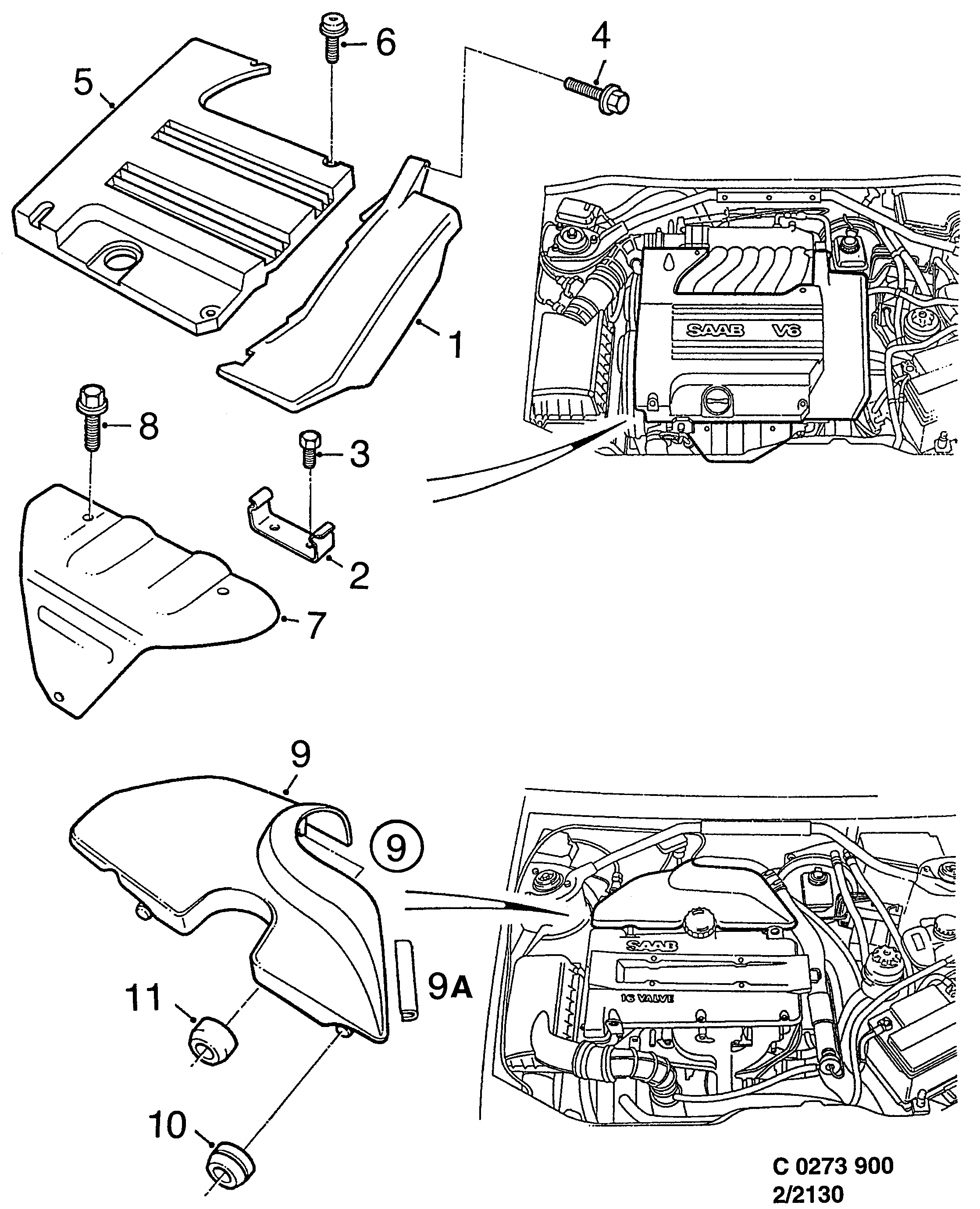 Schéma technique Saab 900 1997 - Section 2130 : Engine bay cover