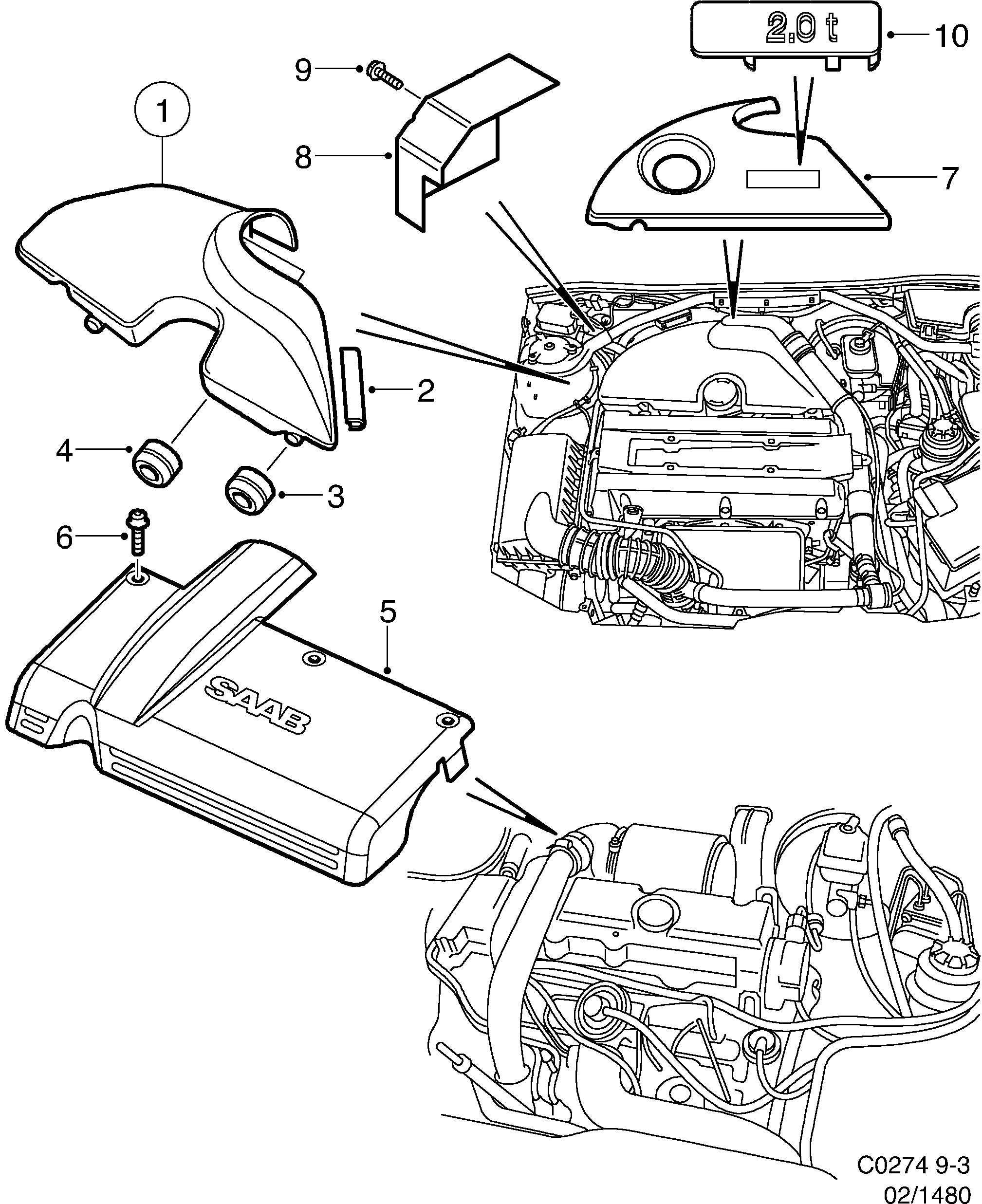 Schéma technique Saab 9-3 (9400) 2002 - Section 1480 : Engine bay cover