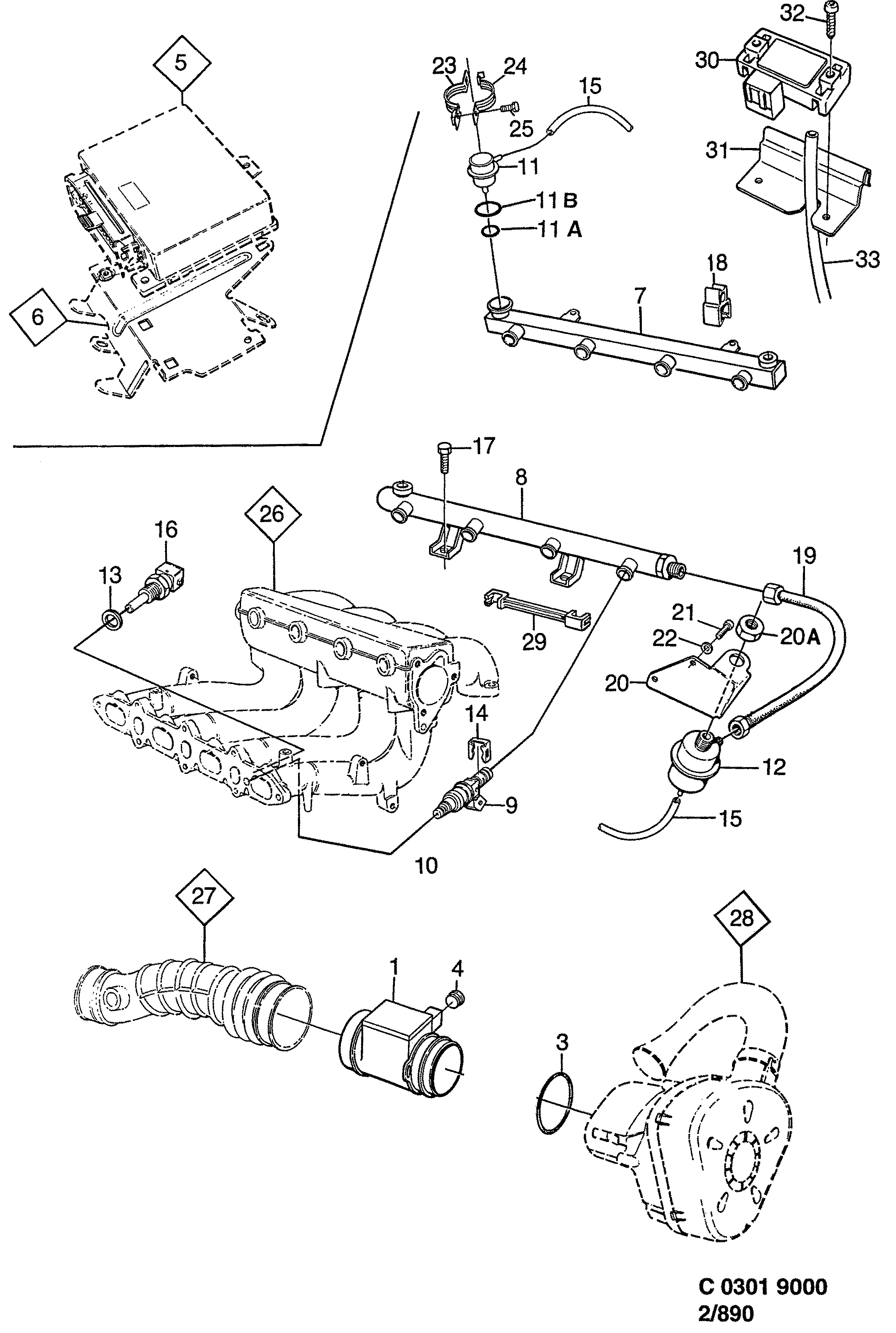 Schéma technique Saab 9000 1990 - Section 890 : Fuel system