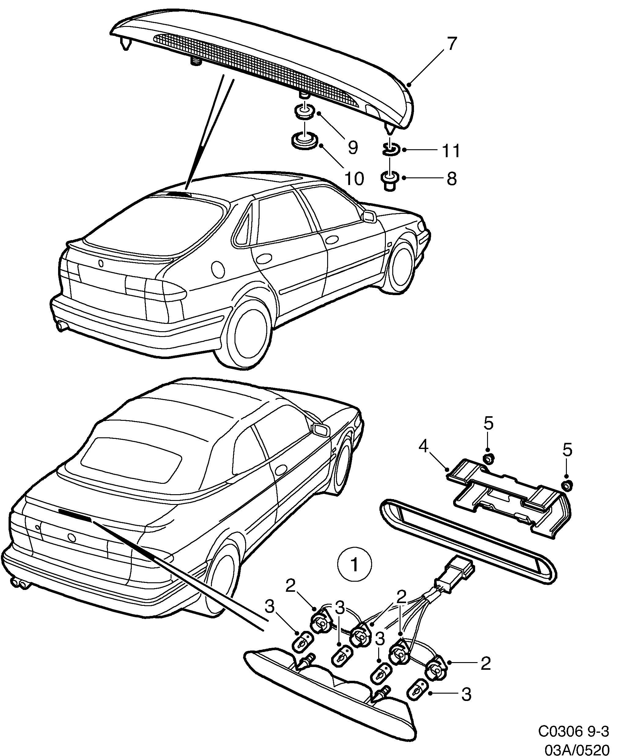 Schéma technique Saab 9-3 (9400) 1998 - Section 520 : Lighting