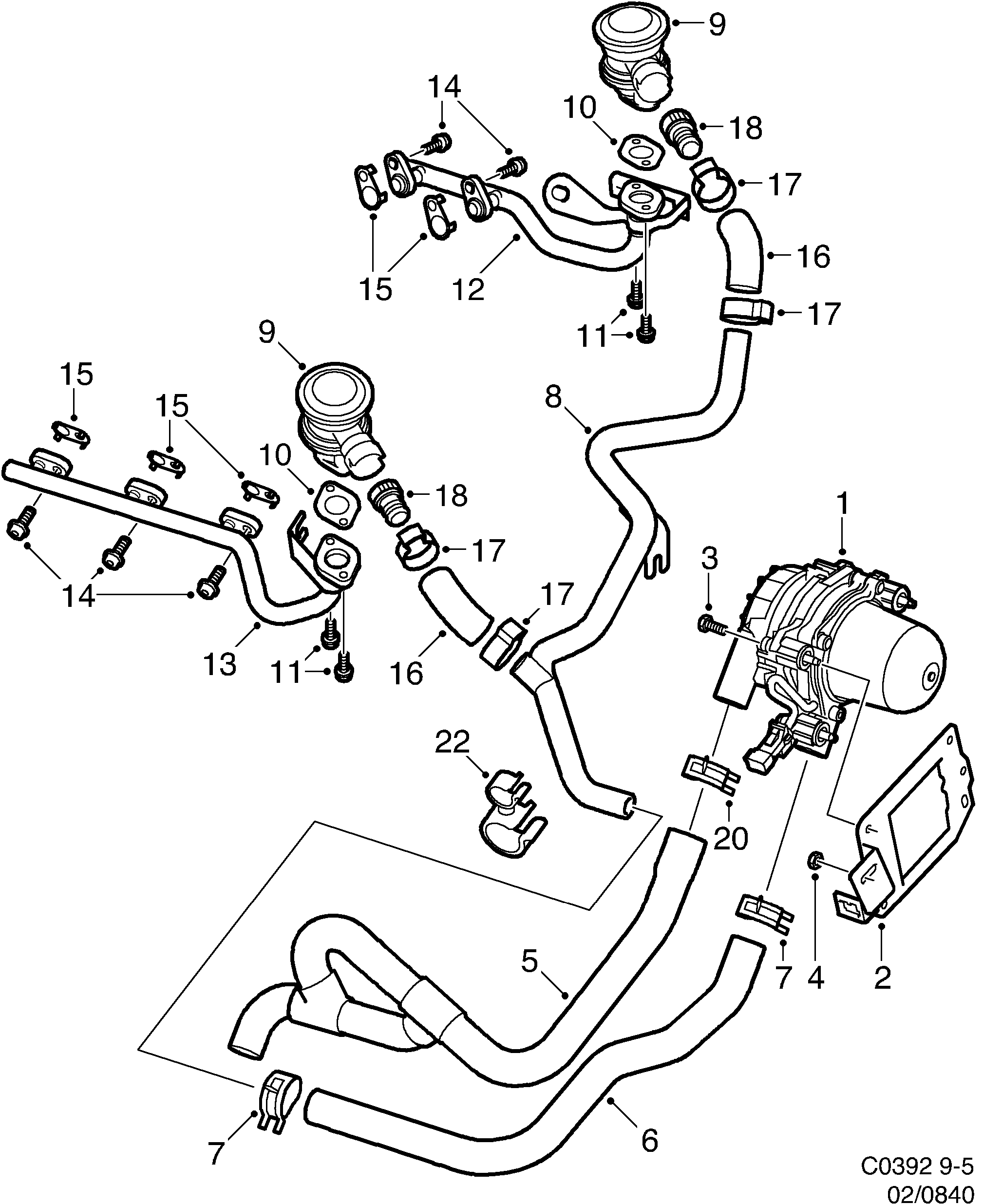 Schéma technique Saab 9-5 (9600) 2000 - Section 840 : Système d'admission et d'échappement