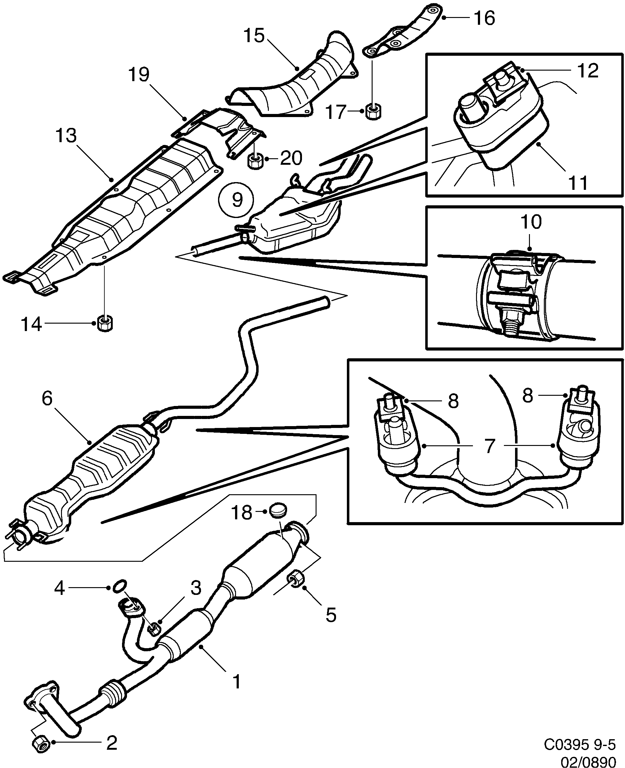 Schéma technique Saab 9-5 (9600) 2003 - Section 890 : Système d'admission et d'échappement
