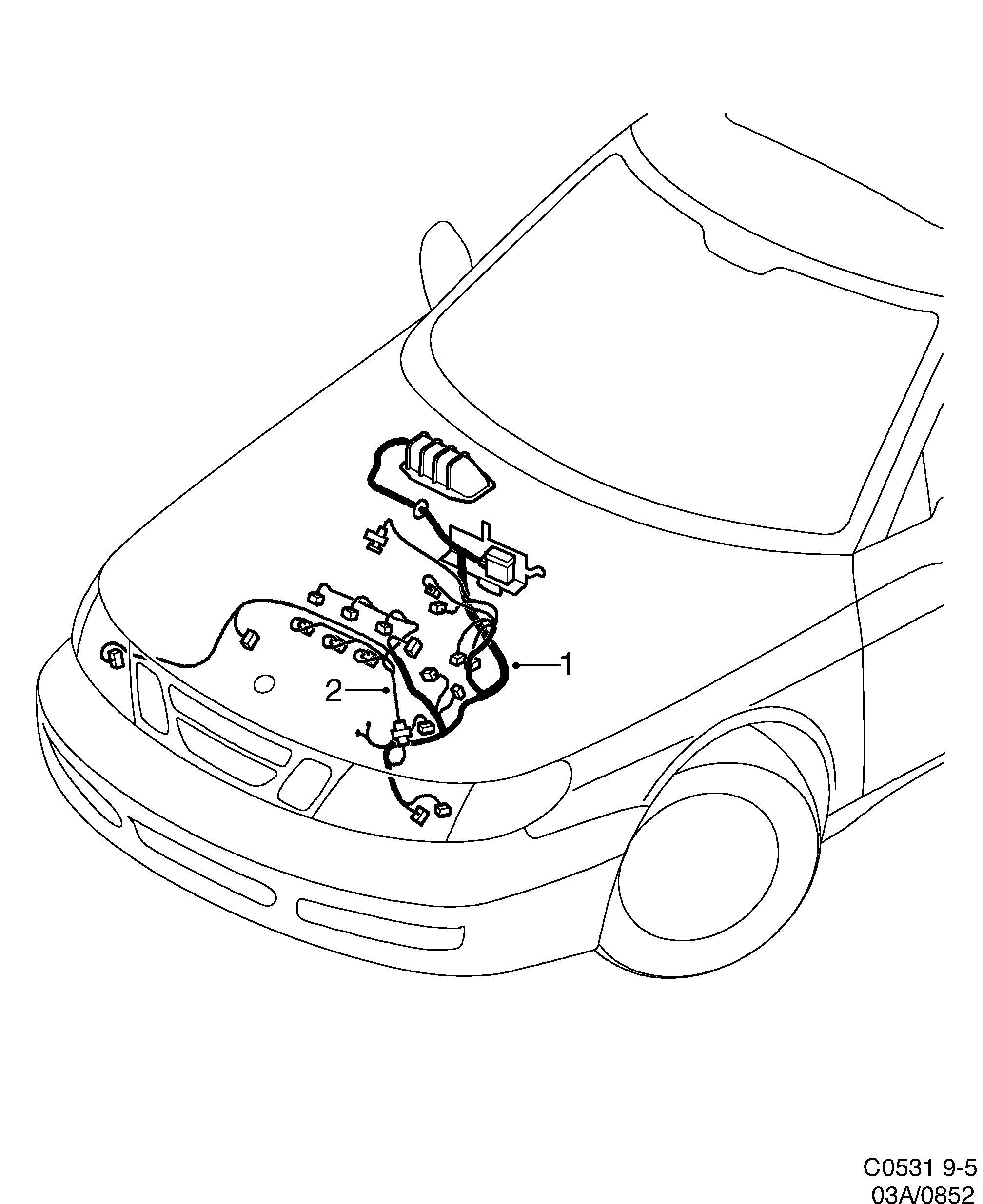Schéma technique Saab 9-5 (9600) 2001 - Section 852 : Conduites et fusibles