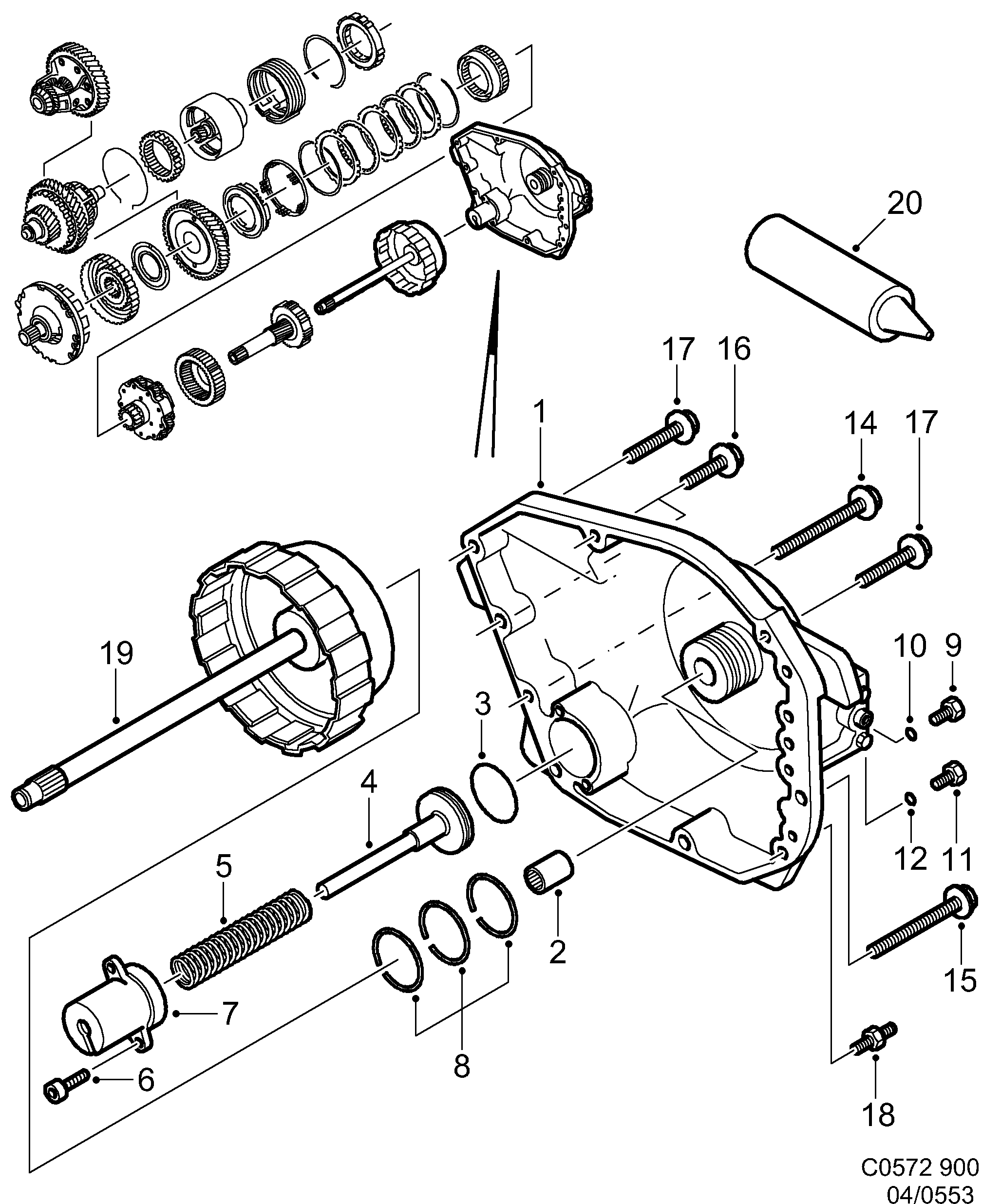 Schéma technique Saab 900 1995 - Section 553 : Boîte de vitesses, automatique
