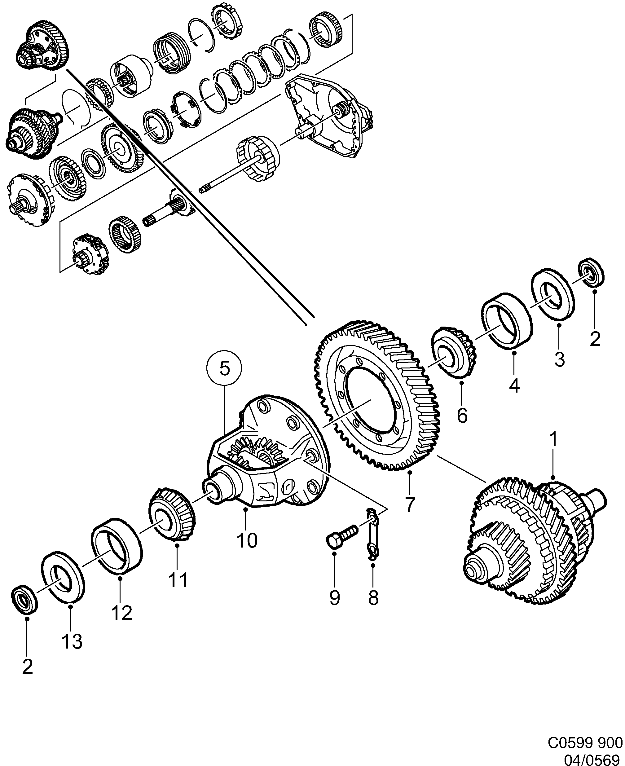 Schéma technique Saab 900 1997 - Section 569 : Boîte de vitesses, automatique