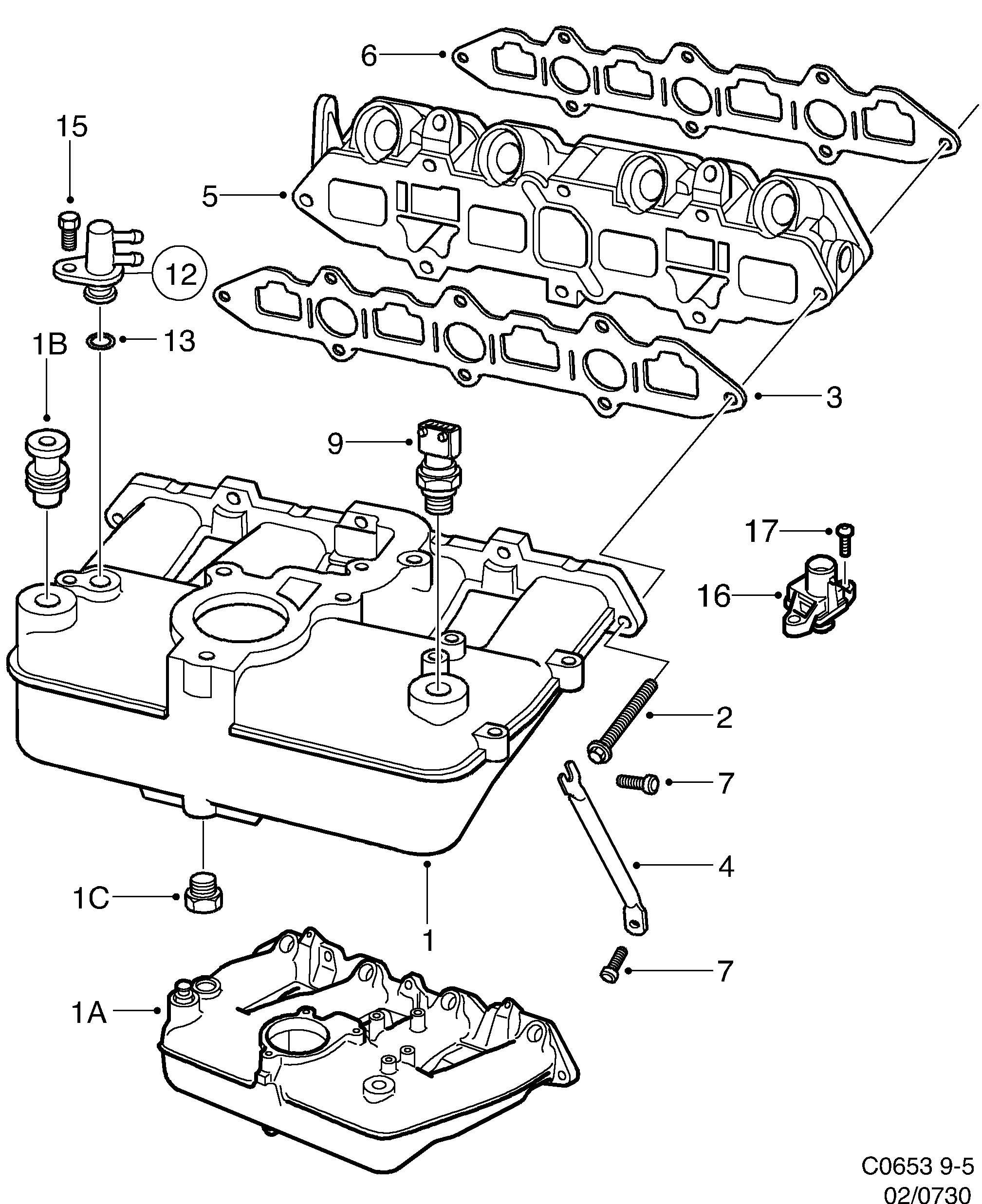 Schéma technique Saab 9-5 (9600) 2003 - Section 730 : Intake and exhaust system