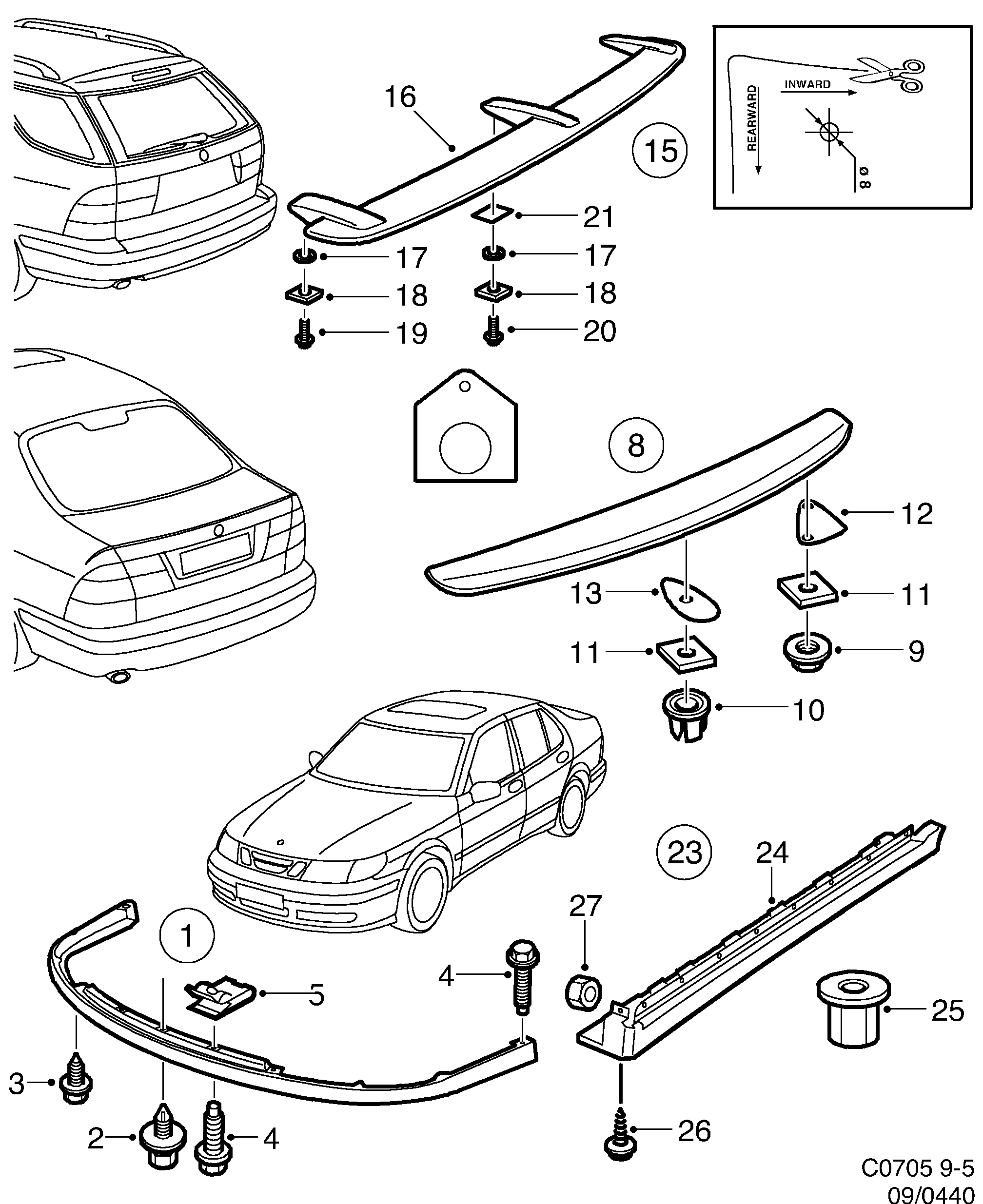 Schéma technique Saab 9-5 (9600) 2003 - Section 440 : Accessoire carrosserie