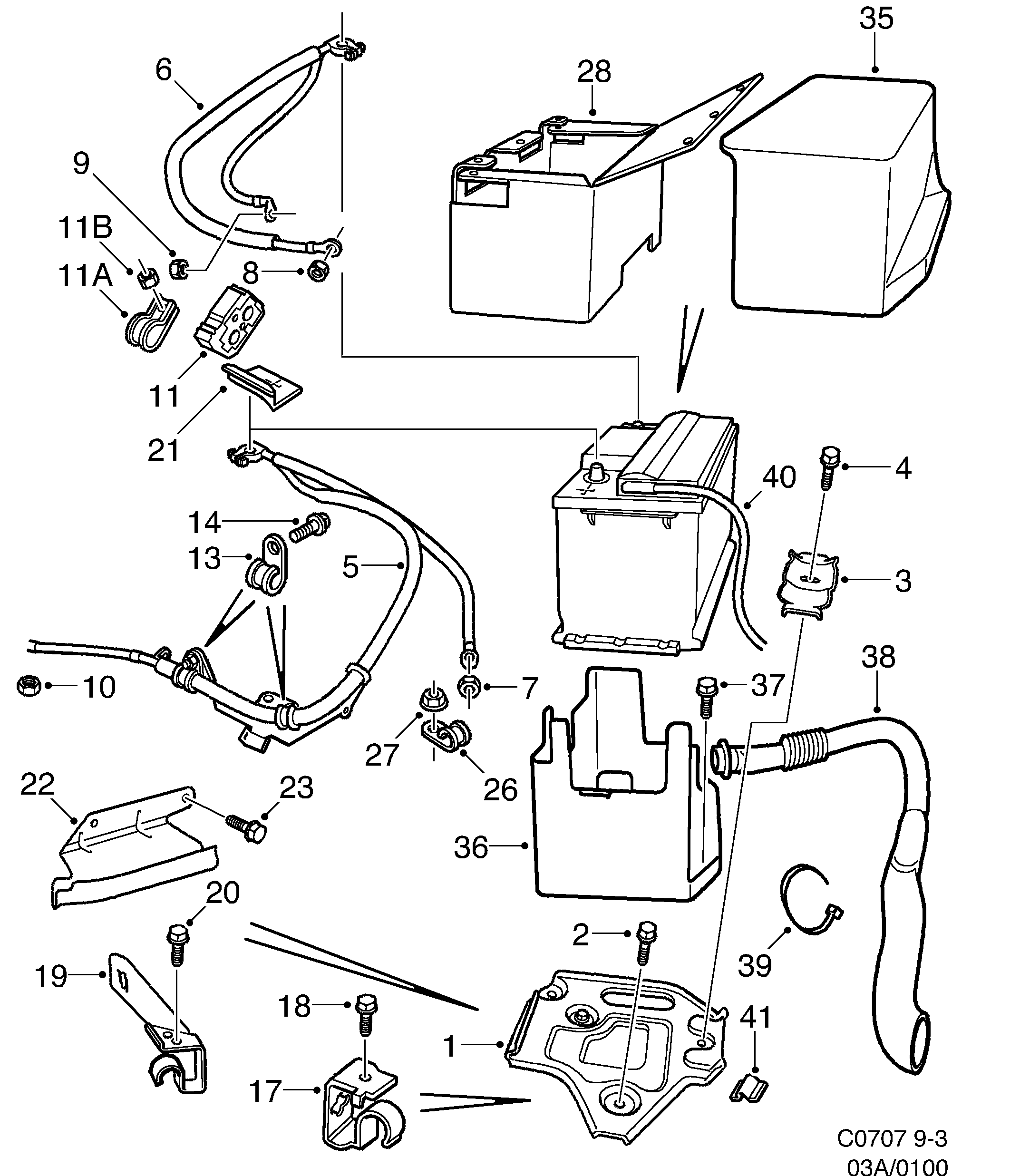 Schéma technique Saab 9-3 (9400) 1999 - Section 100 : Batterie