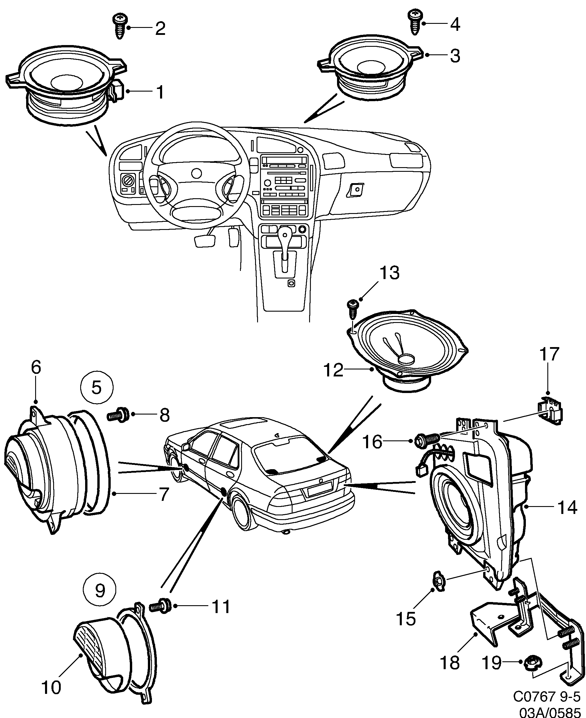 Schéma technique Saab 9-5 (9600) 2004 - Section 585 : Autre équipement électrique