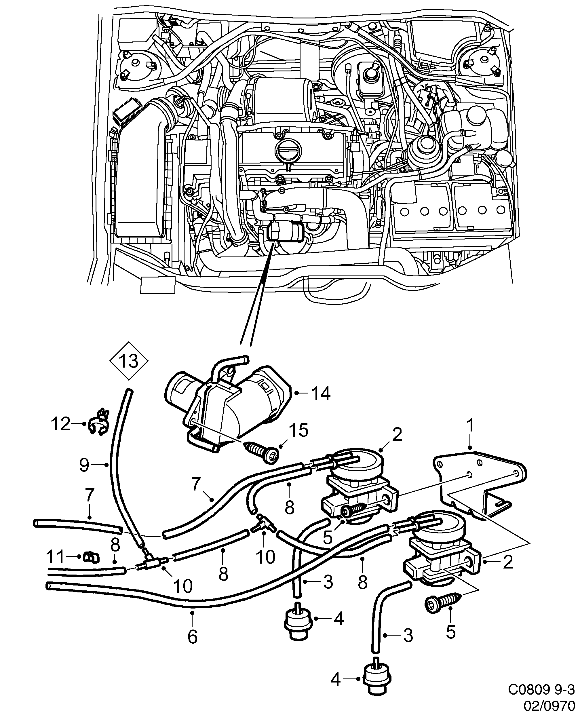 Schéma technique Saab 9-3 (9400) 2000 - Section 970 : Système d'admission et d'échappement