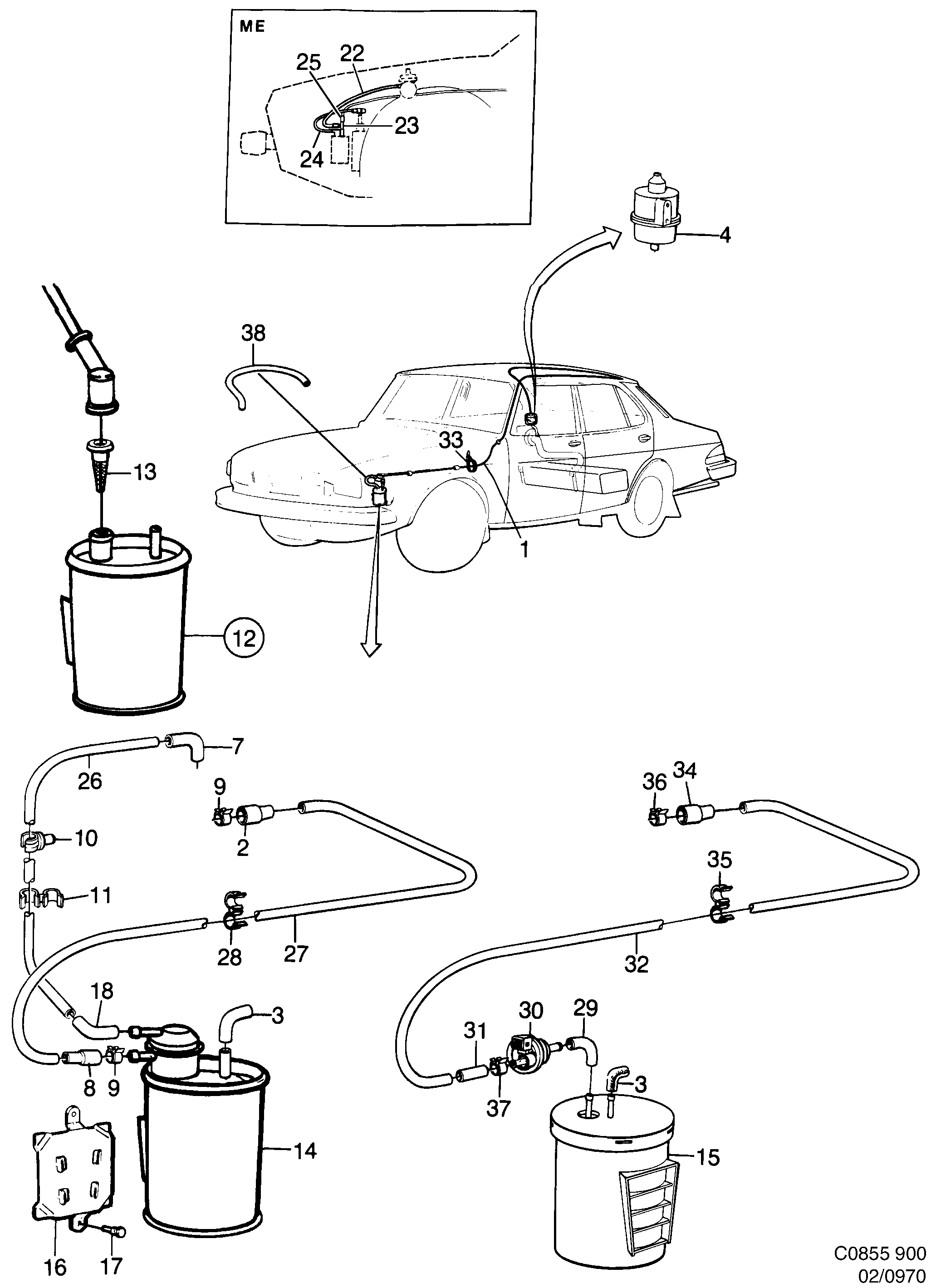 Schéma technique Saab 900 1988 - Section 970 : Топливная система