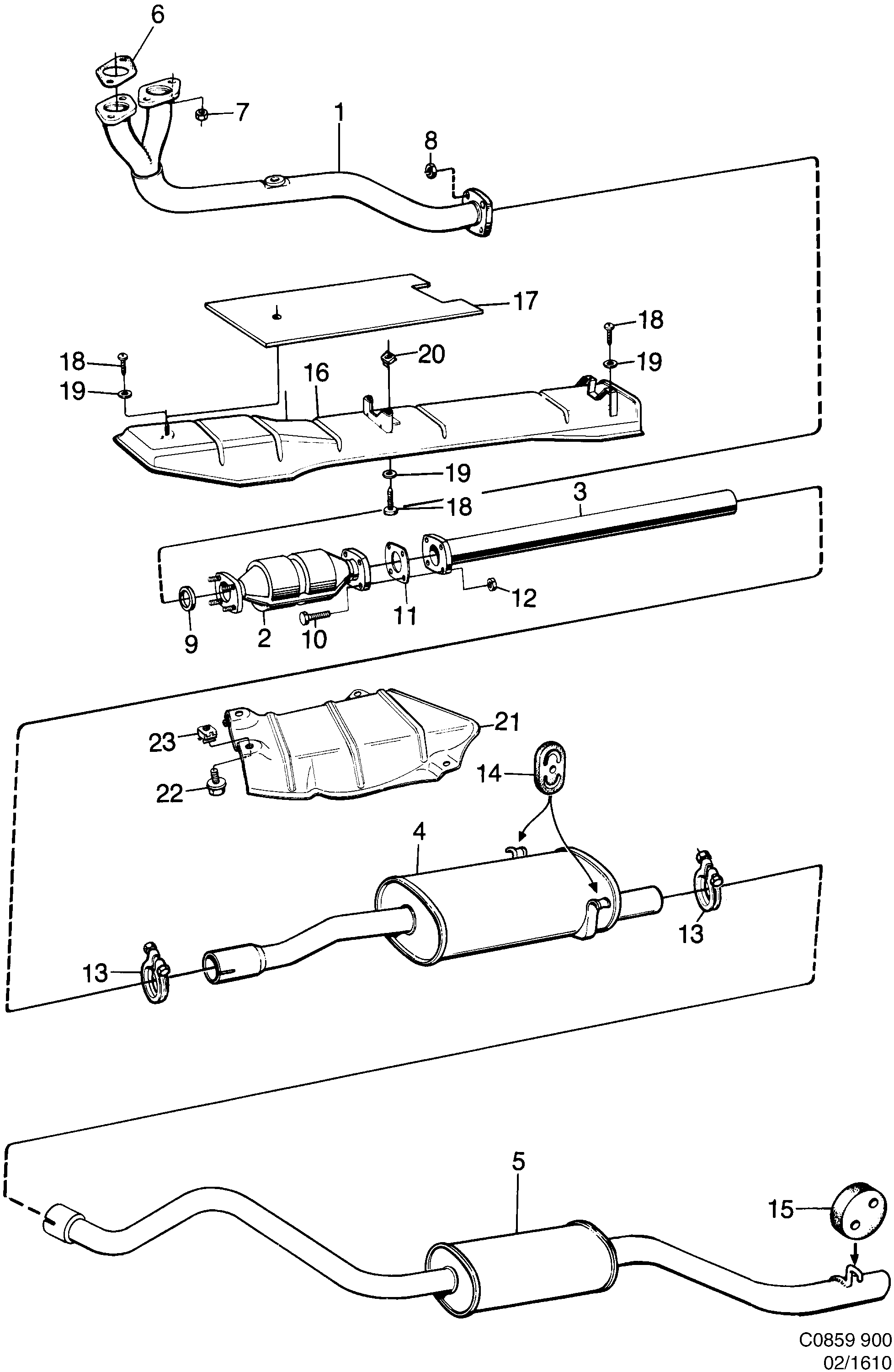 Schéma technique Saab 900 1990 - Section 1610 : Système d'admission et d'échappement
