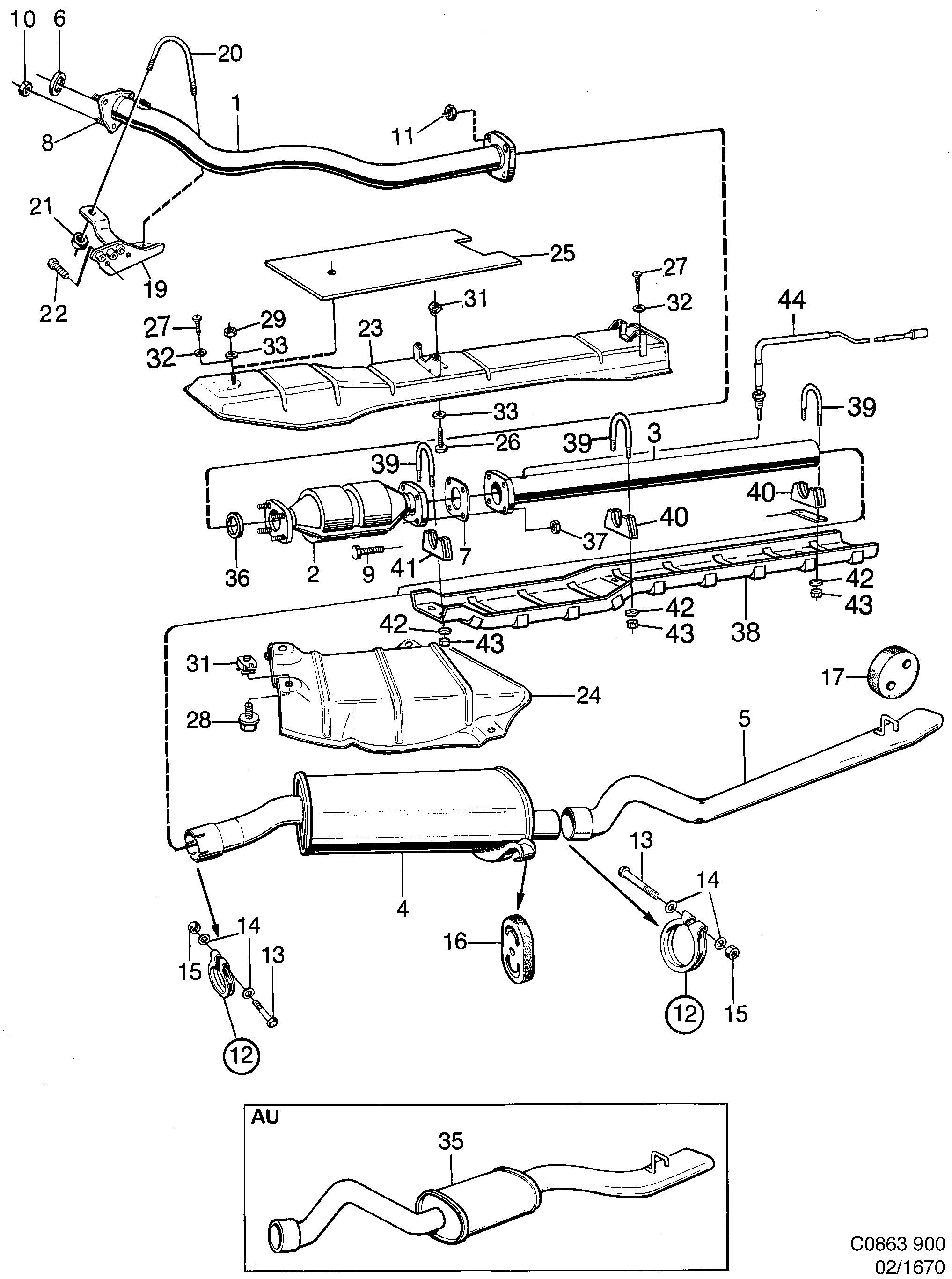 Schéma technique Saab 900 1990 - Section 1670 : Système d'admission et d'échappement