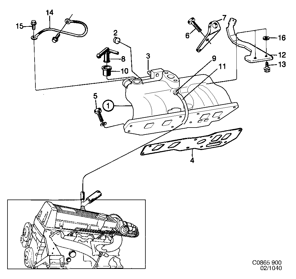 Schéma technique Saab 900 1990 - Section 1040 : Intake and exhaust system