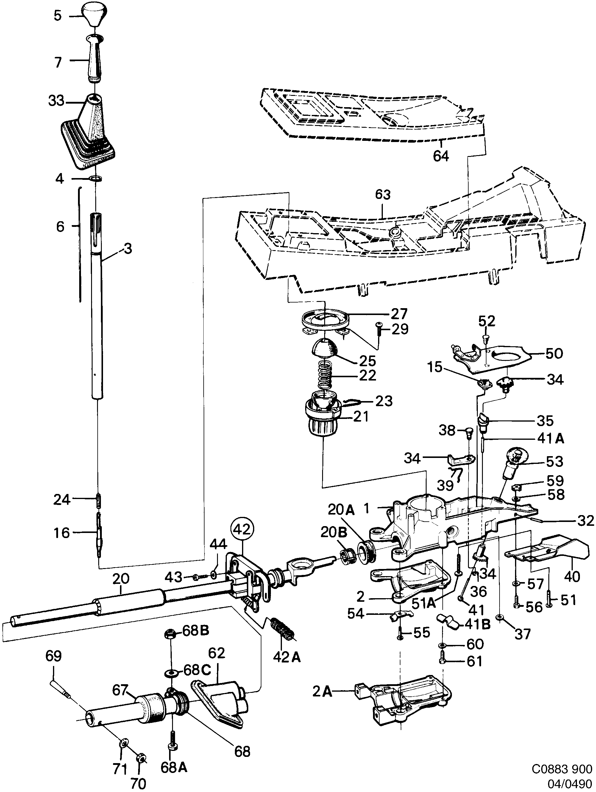 Schéma technique Saab 900 1987 - Section 490 : Commande de boîte de vitesses