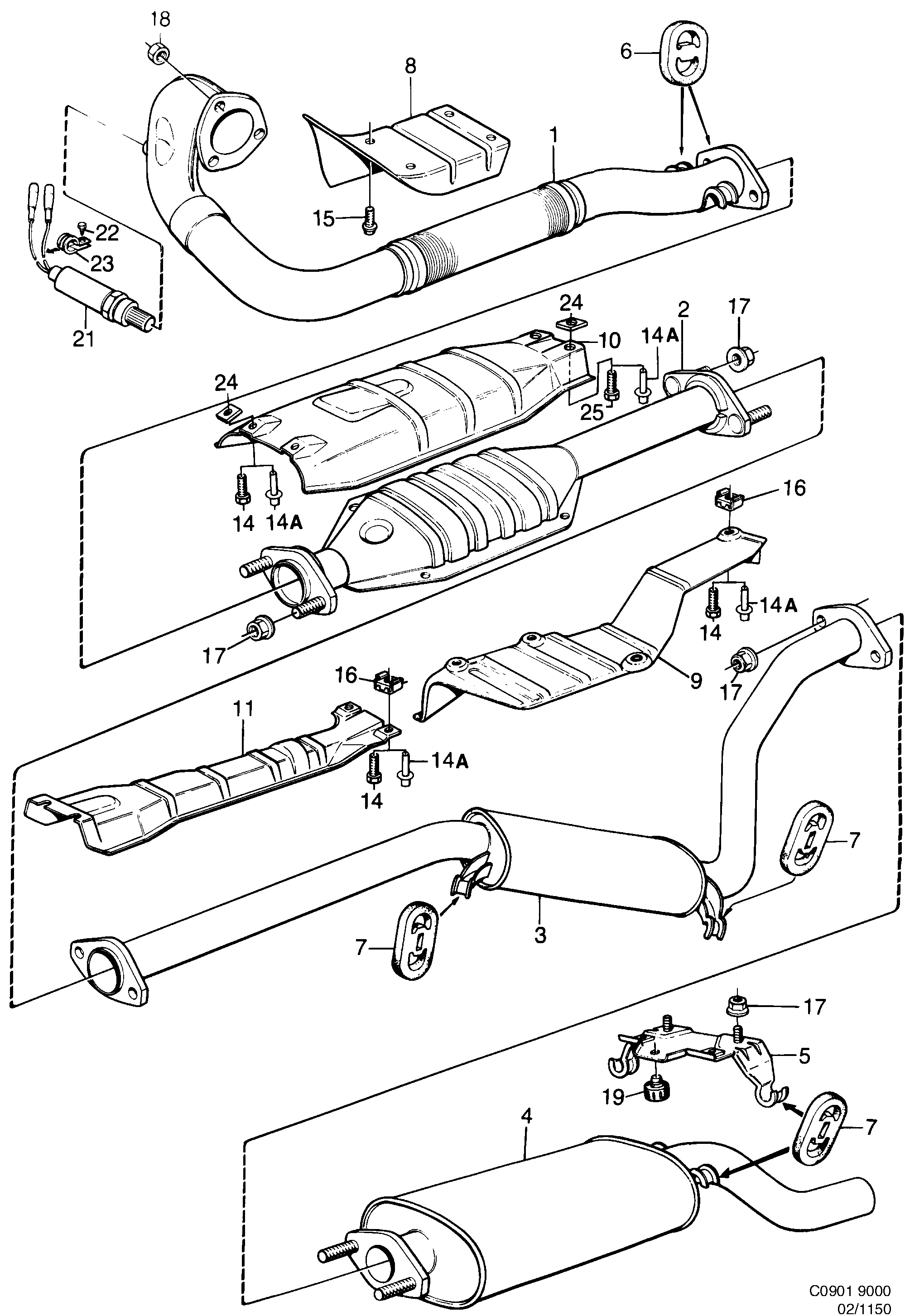 Schéma technique Saab 9000 1987 - Section 1150 : Système d'admission et d'échappement