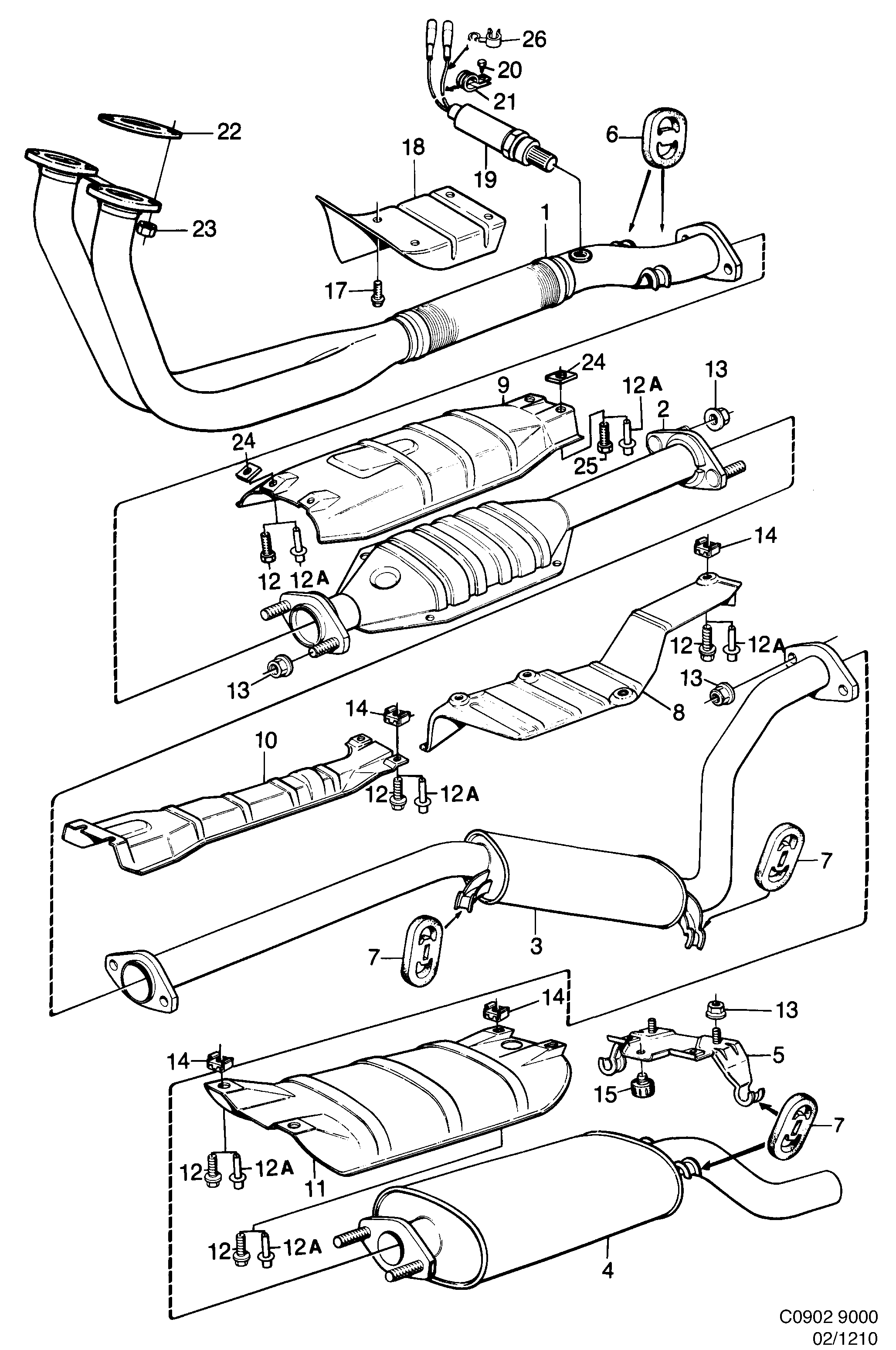 Schéma technique Saab 9000 1985 - Section 1210 : Intake and exhaust system