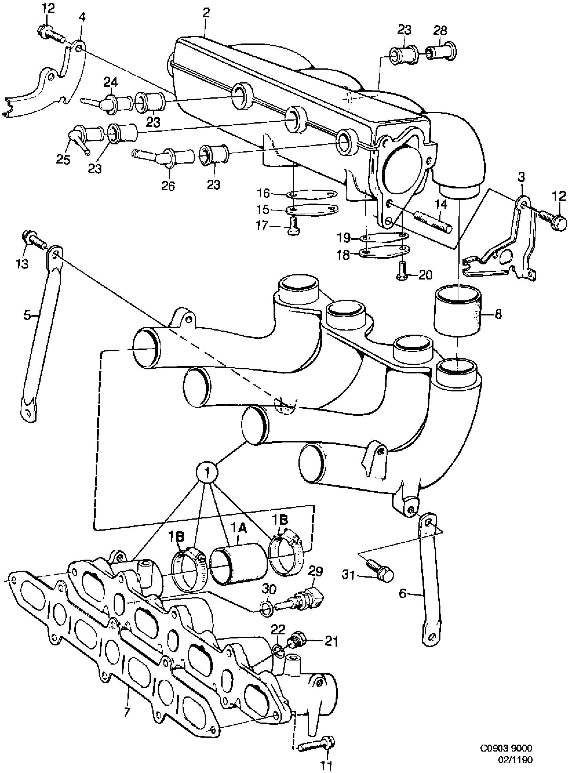 Schéma technique Saab 9000 1990 - Section 1190 : Intake and exhaust system