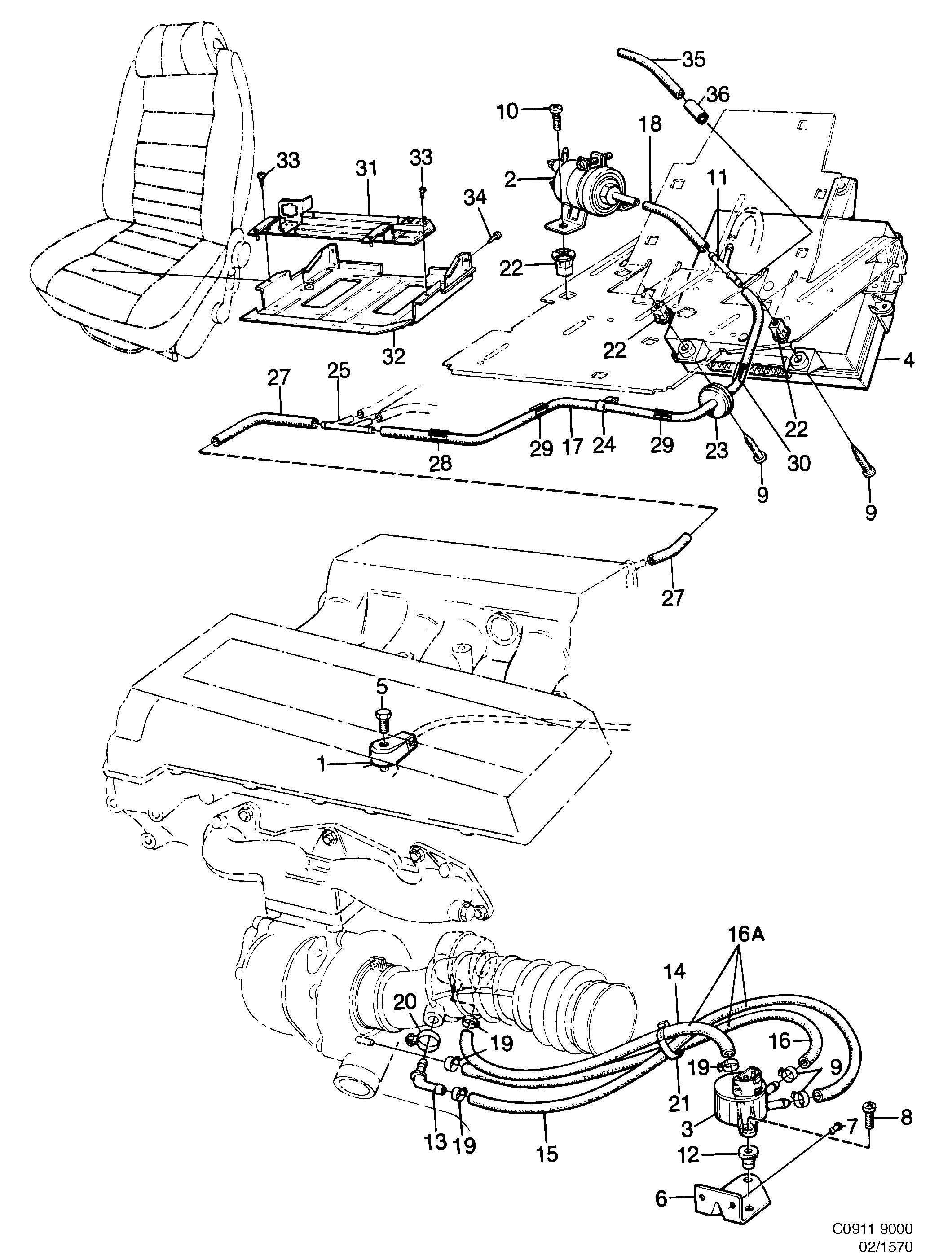 Schéma technique Saab 9000 1988 - Section 1570 : Système de suralimentation