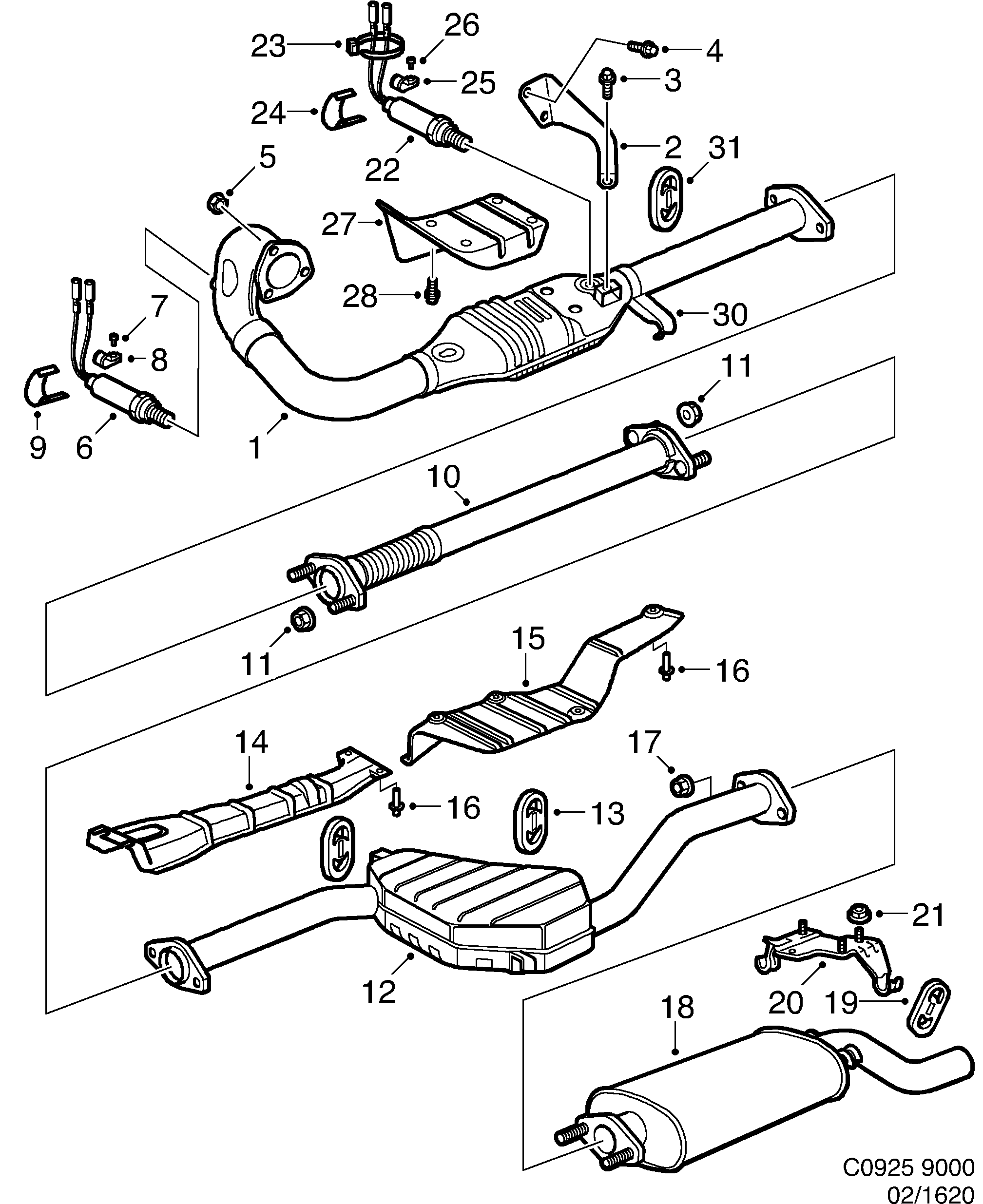 Schéma technique Saab 9000 1994 - Section 1620 : Système d'admission et d'échappement