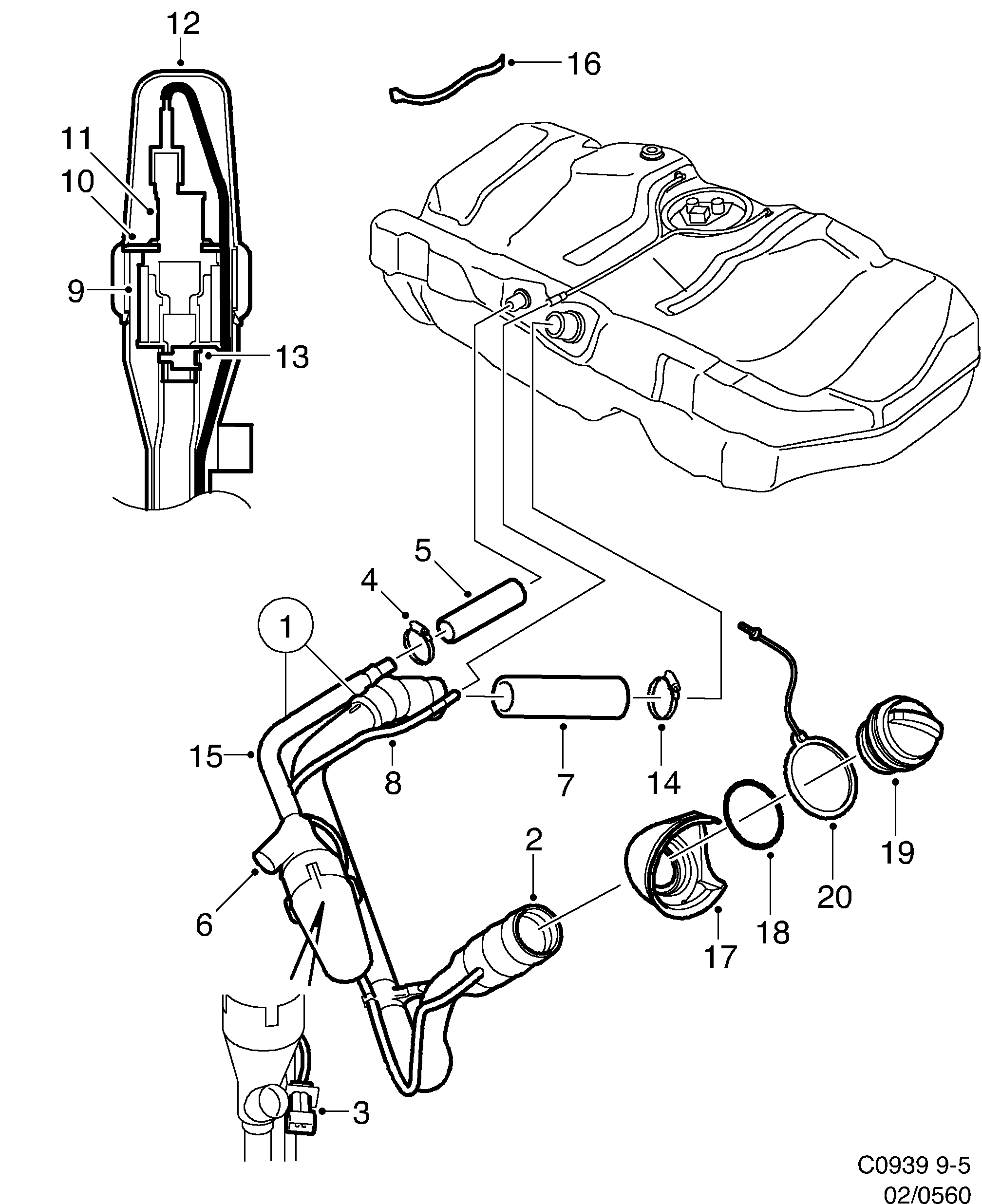 Schéma technique Saab 9-5 (9600) 2000 - Section 560 : Fuel system