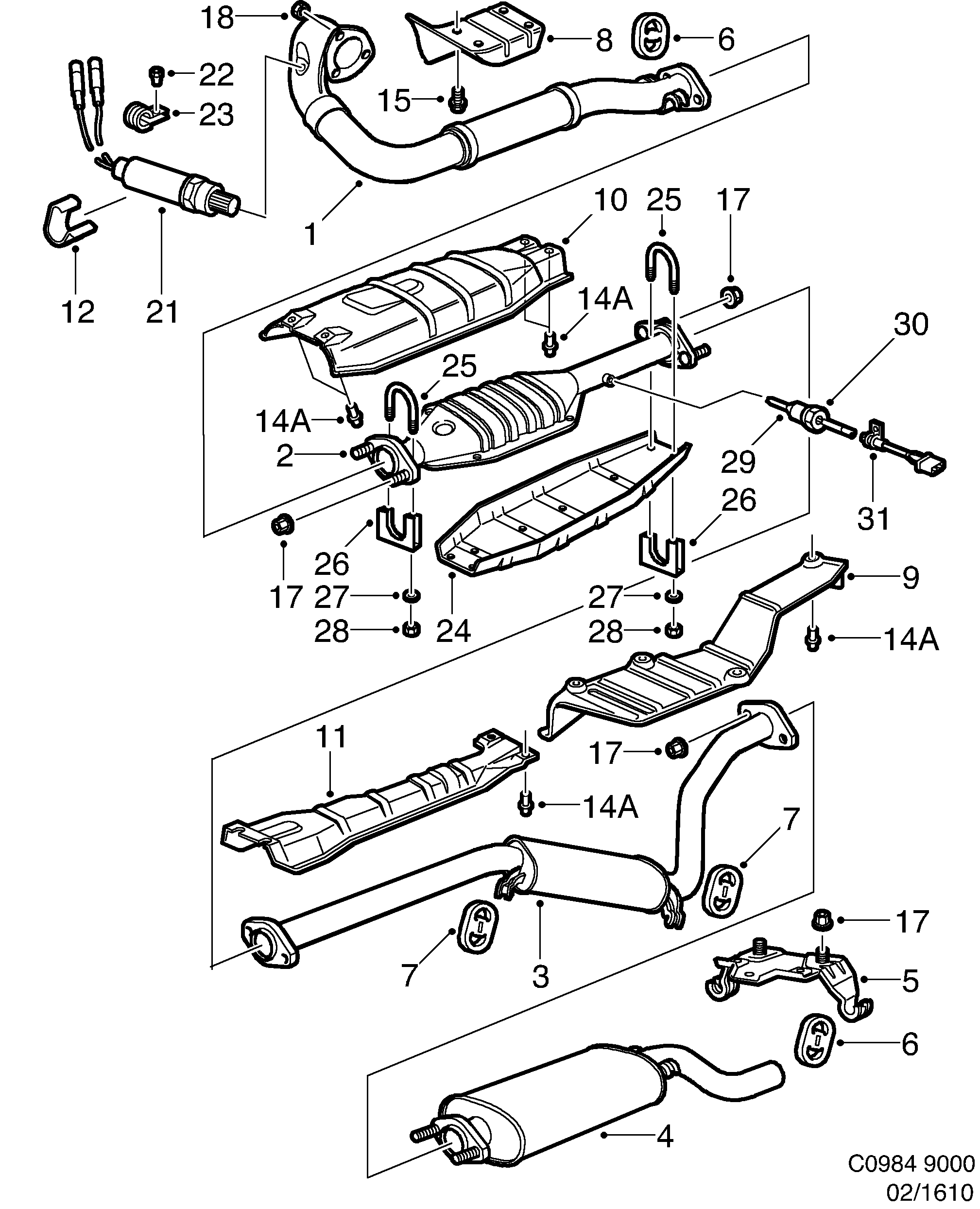Schéma technique Saab 9000 1990 - Section 1610 : Intake and exhaust system