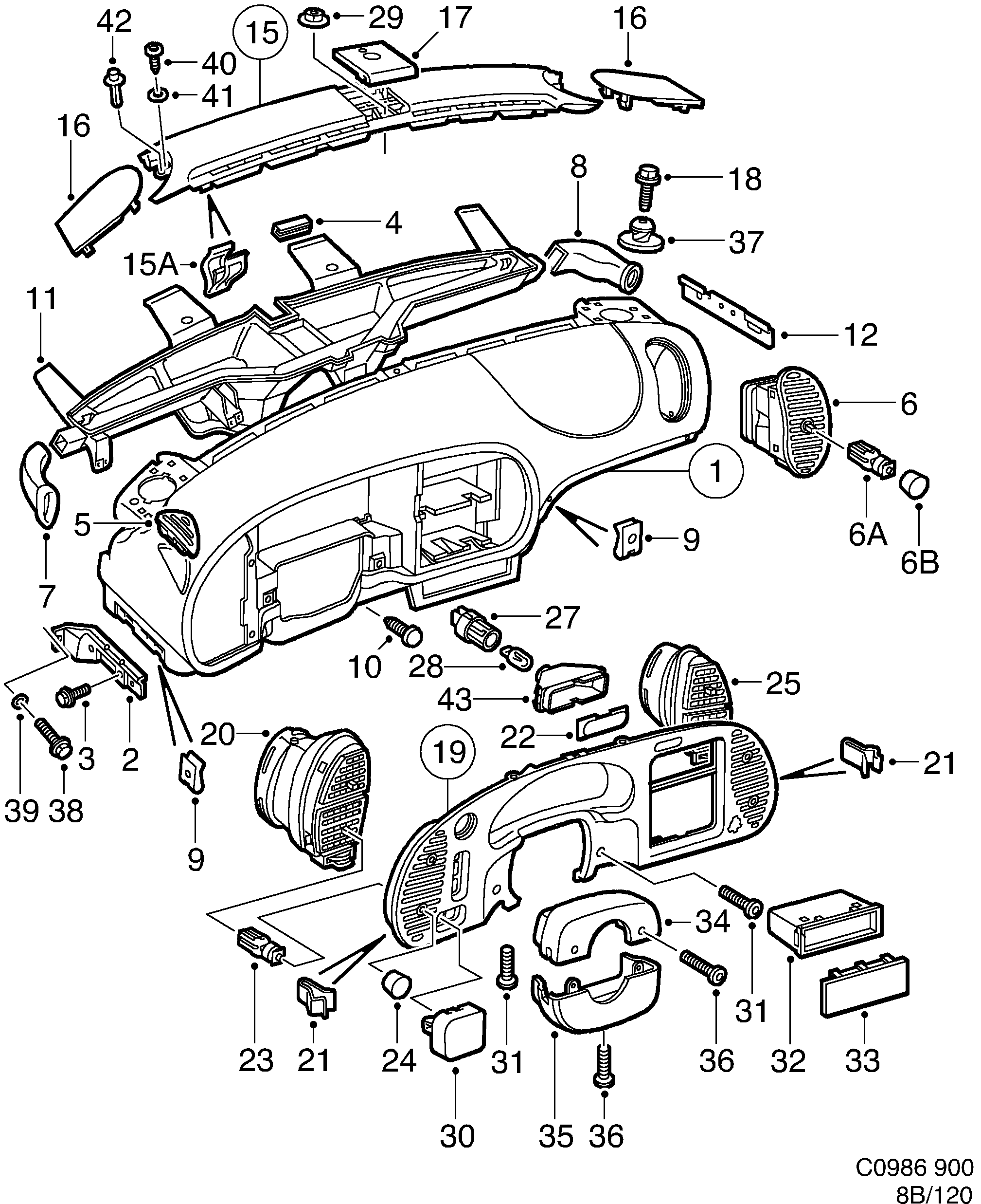 Schéma technique Saab 900 1996 - Section 120 : Приборная панель