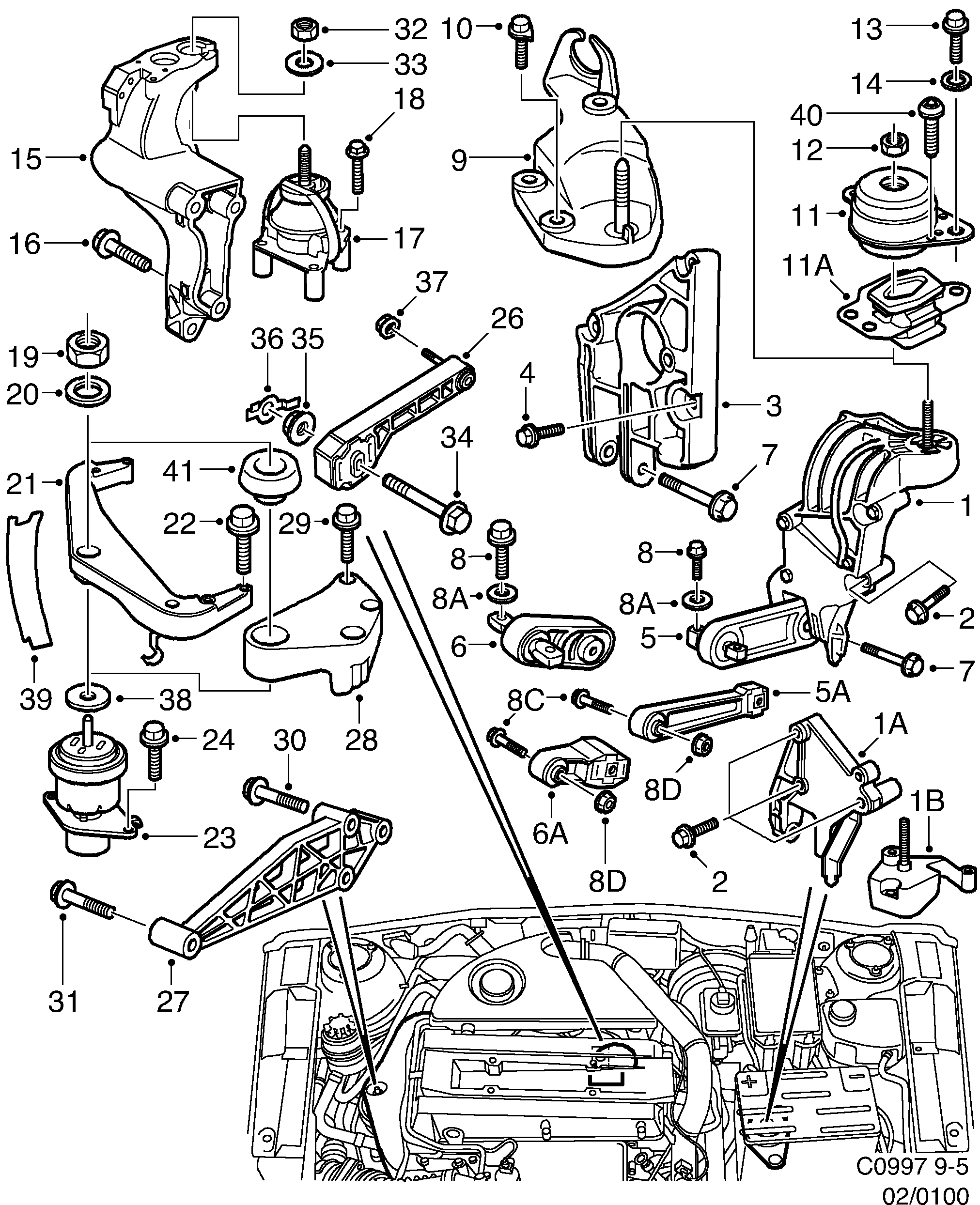 Schéma technique Saab 9-5 (9600) 2000 - Section 100 : Корпус двигателя