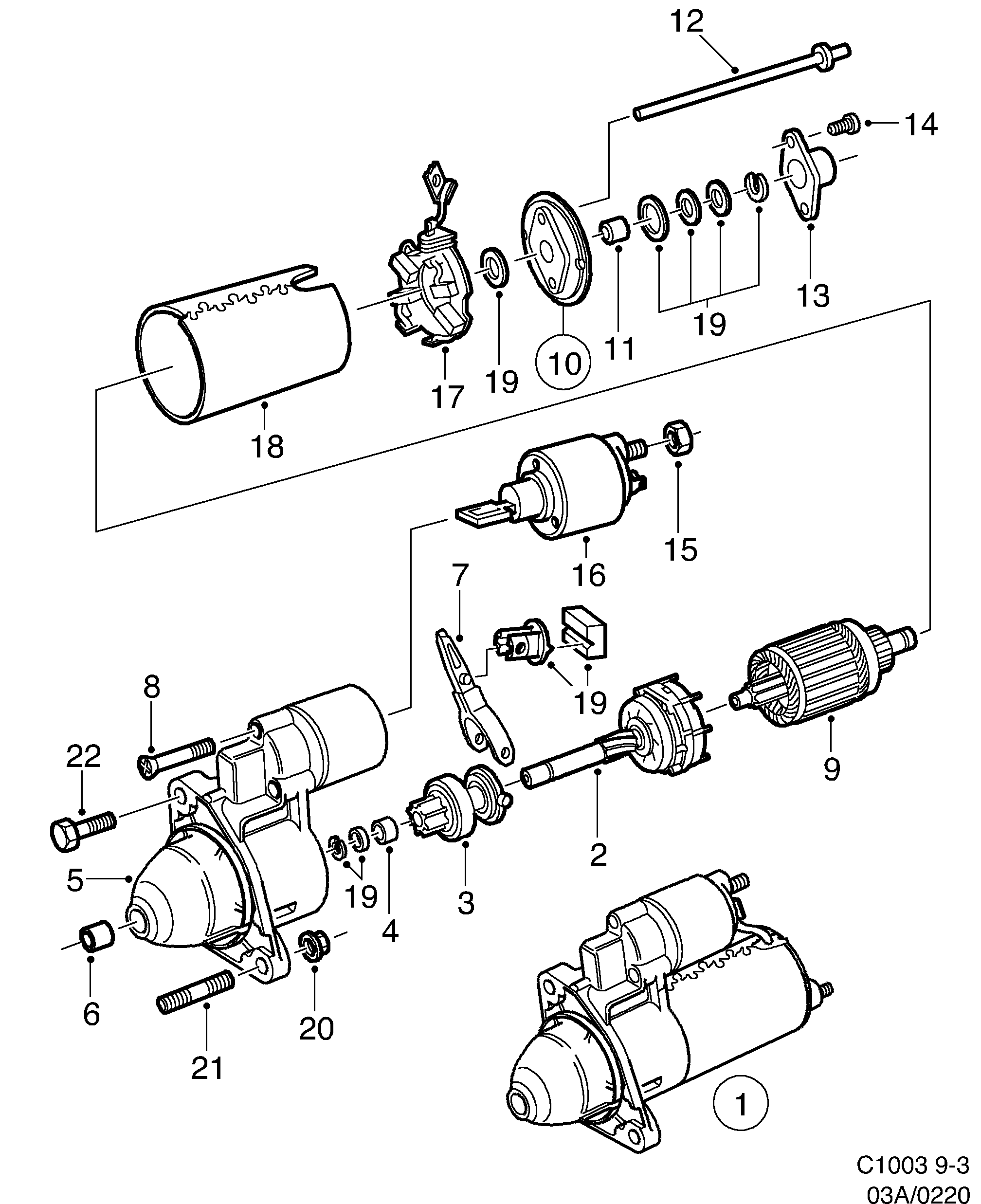 Schéma technique Saab 9-3 (9400) 1998 - Section 220 : Starter motor