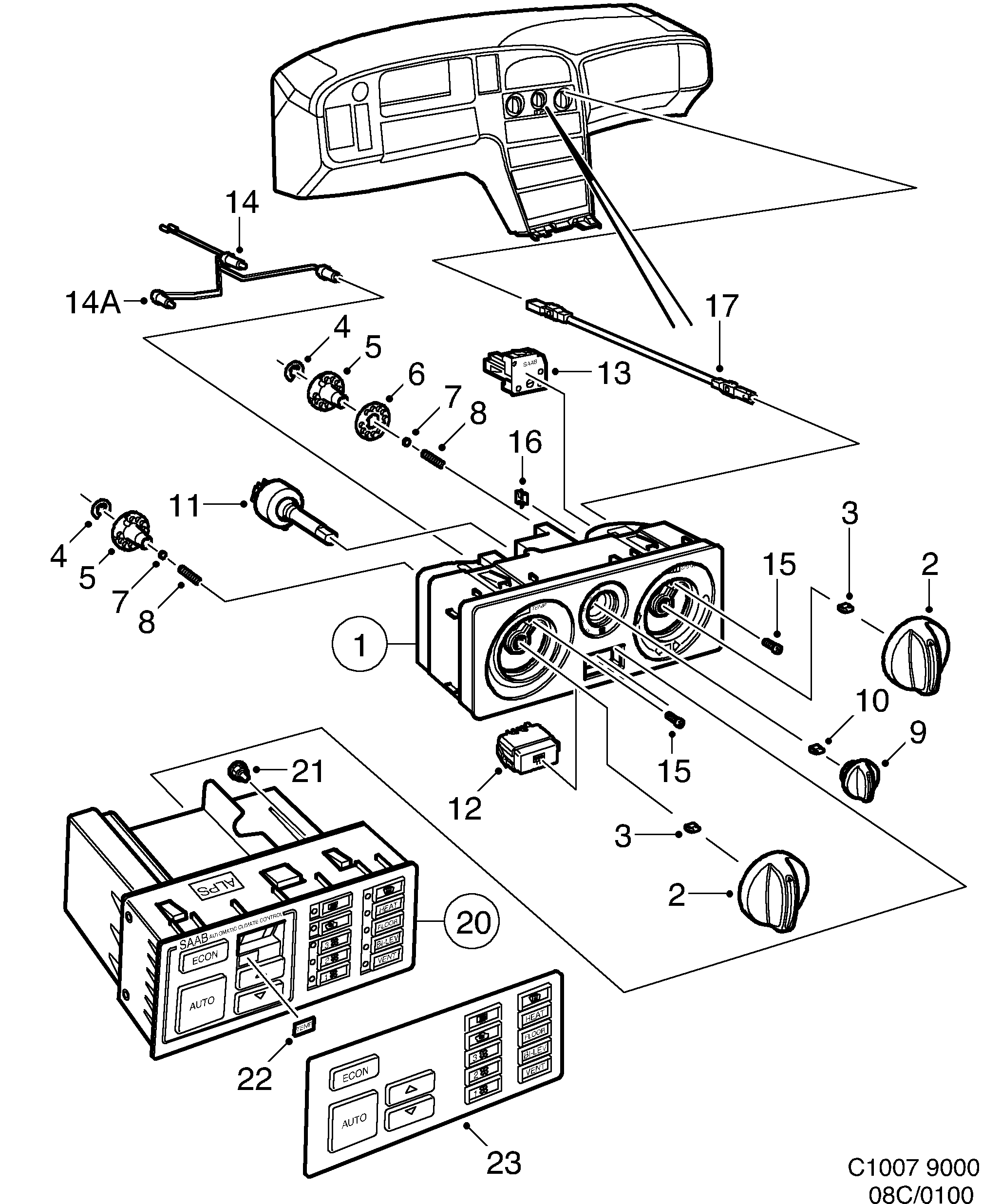 Schéma technique Saab 9000 1985 - Section 100 : Chauffage et ventilation