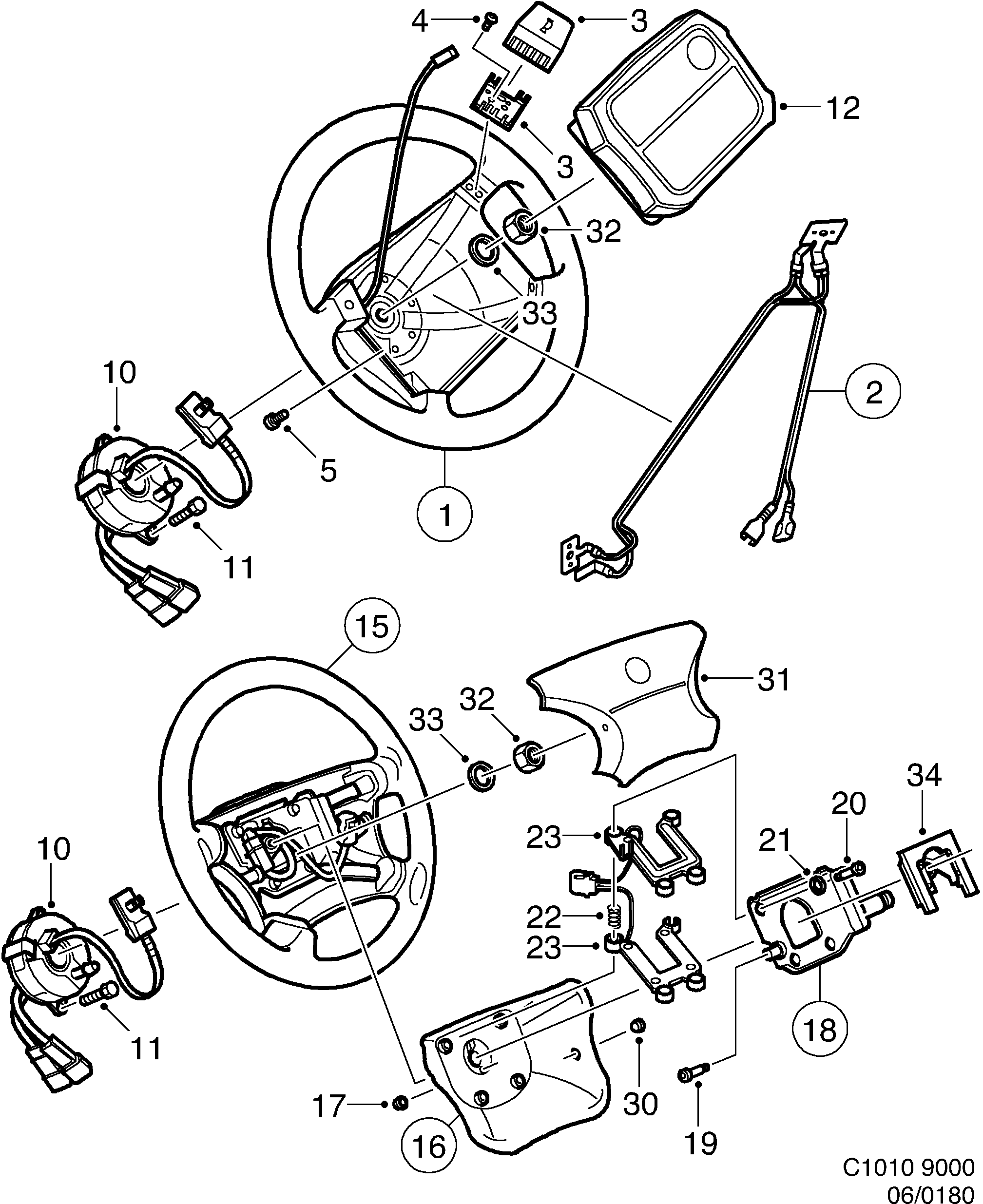 Schéma technique Saab 9000 1995 - Section 180 : Direction