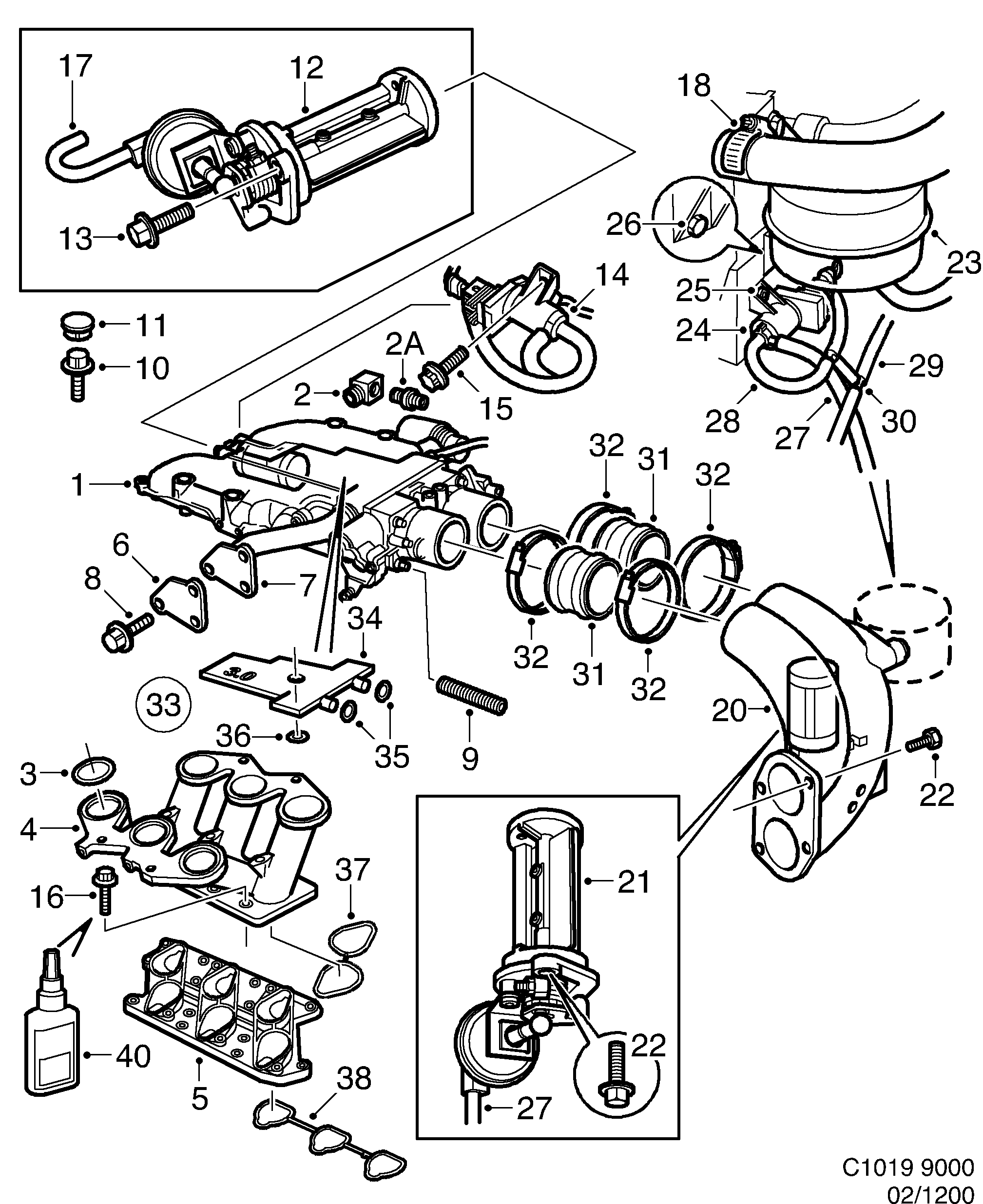 Schéma technique Saab 9000 1997 - Section 1200 : Intake and exhaust system