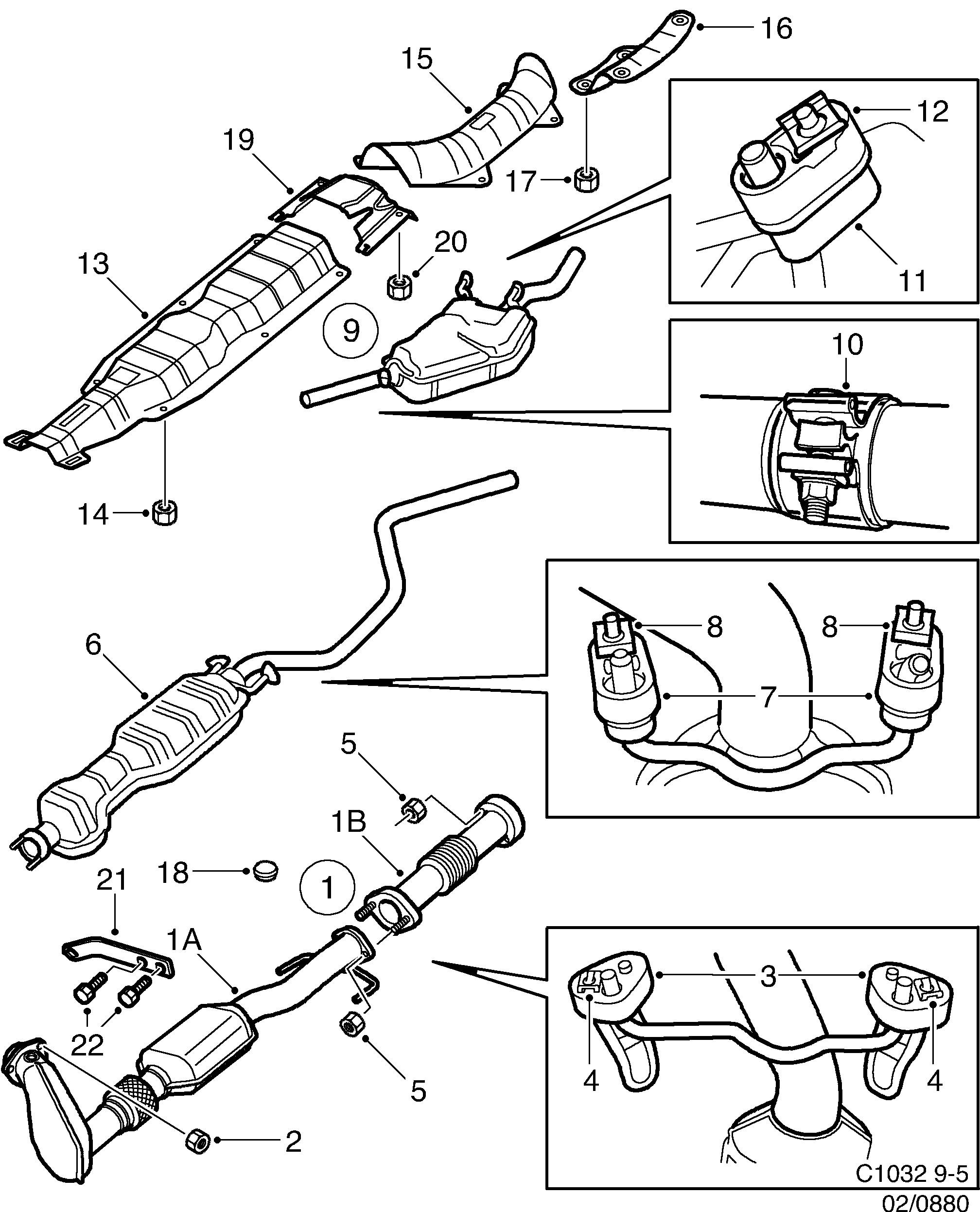 Schéma technique Saab 9-5 (9600) 2001 - Section 880 : Système d'admission et d'échappement