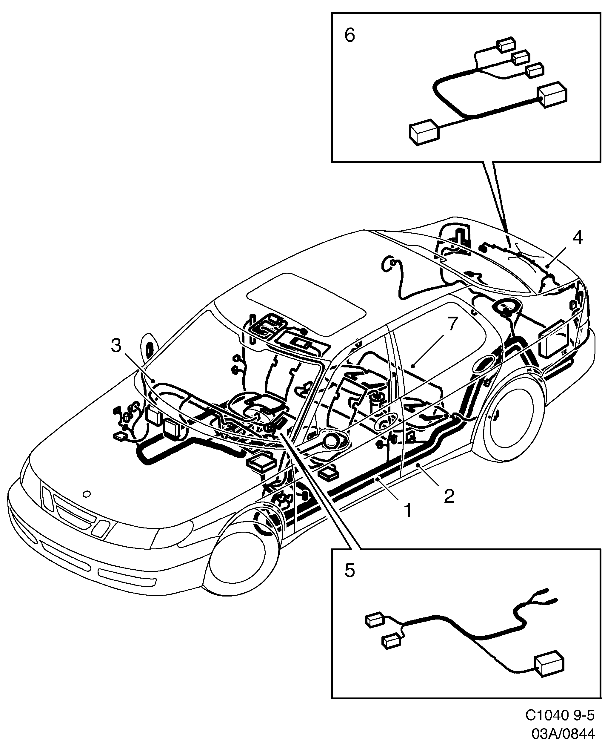 Schéma technique Saab 9-5 (9600) 2000 - Section 844 : Wiring and fuses