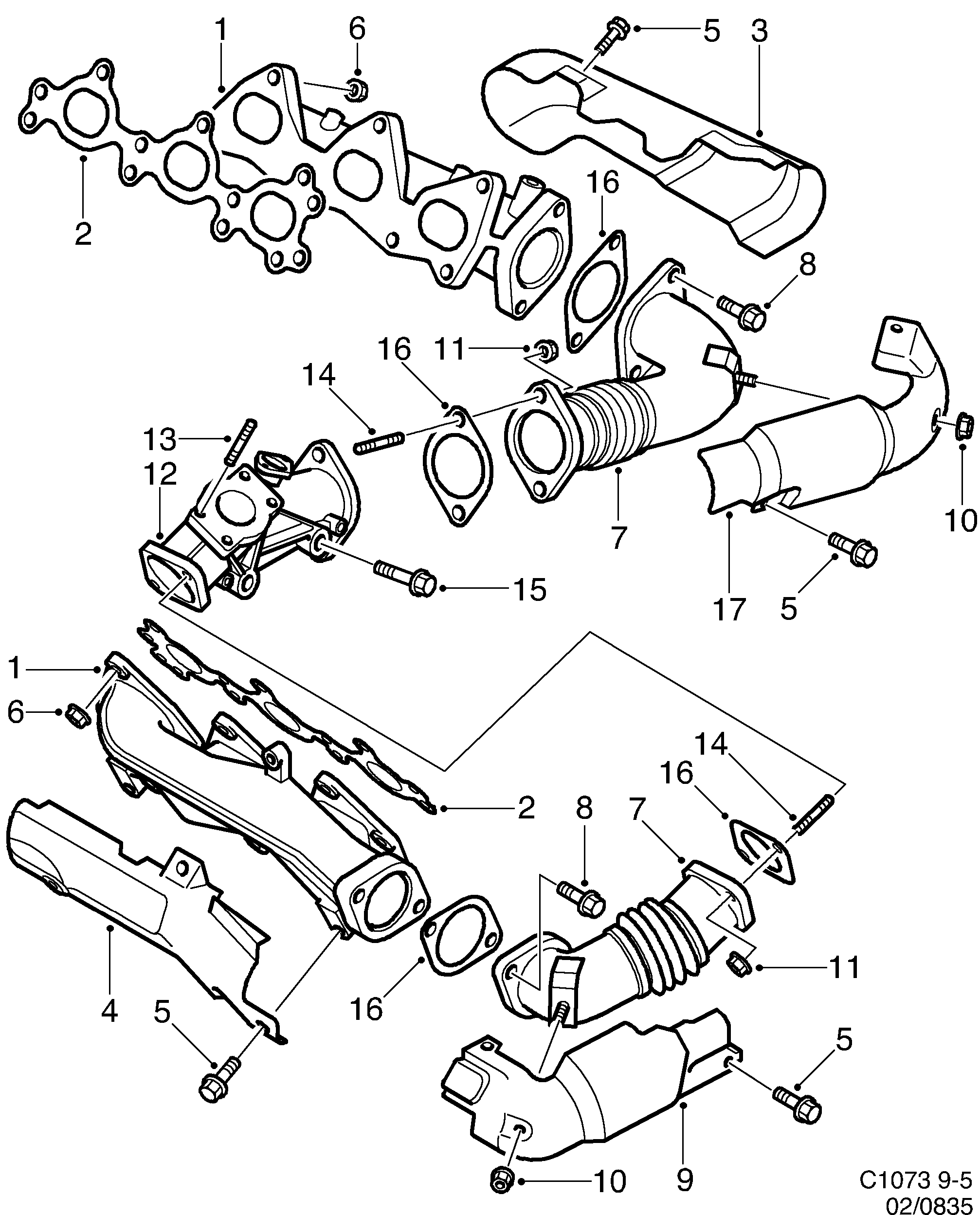 Schéma technique Saab 9-5 (9600) 2002 - Section 835 : Intake and exhaust system