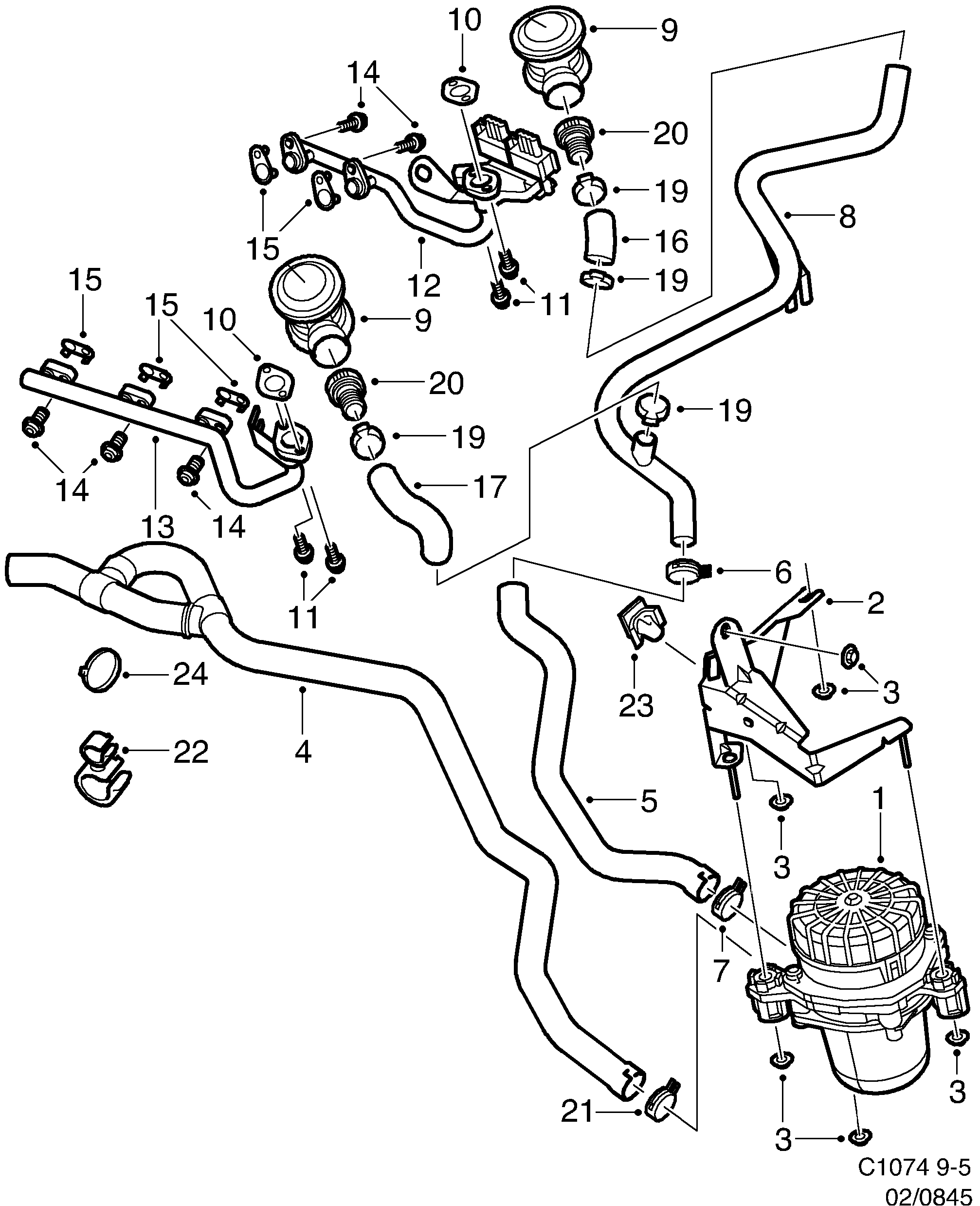 Schéma technique Saab 9-5 (9600) 2002 - Section 845 : Système d'admission et d'échappement