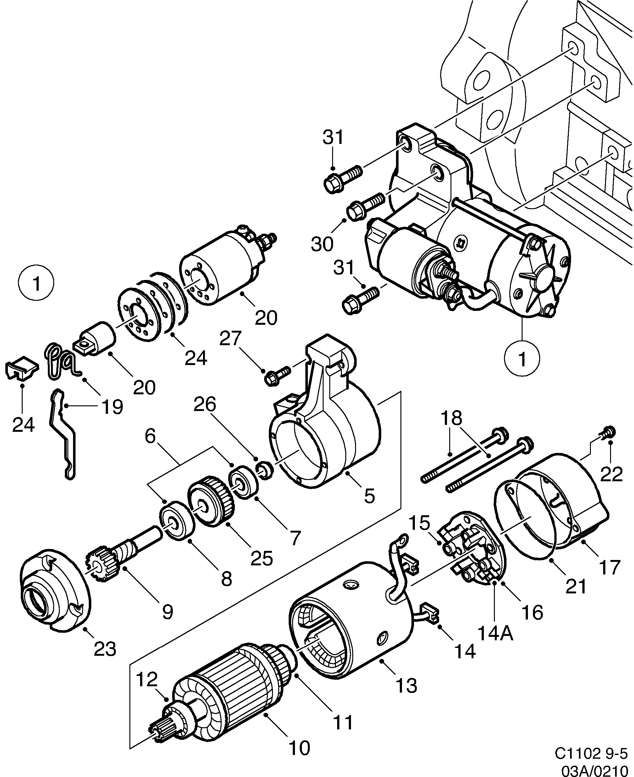 Schéma technique Saab 9-5 (9600) 2004 - Section 210 : Стартер