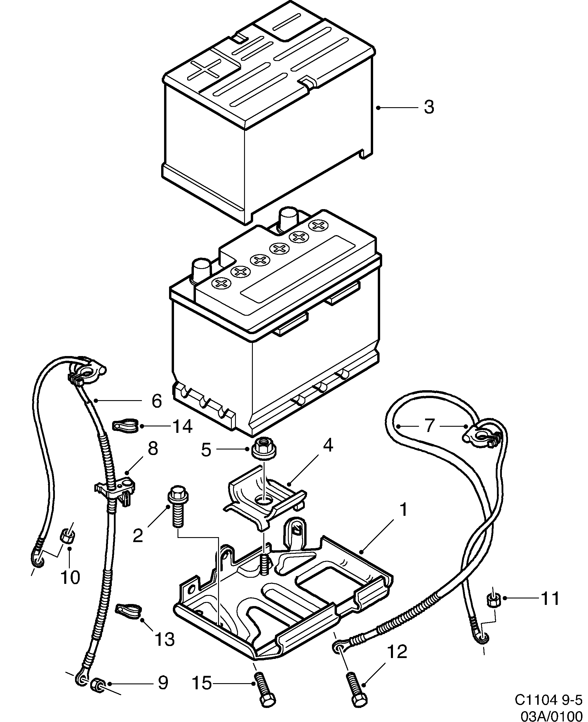Schéma technique Saab 9-5 (9600) 2001 - Section 100 : Batterie