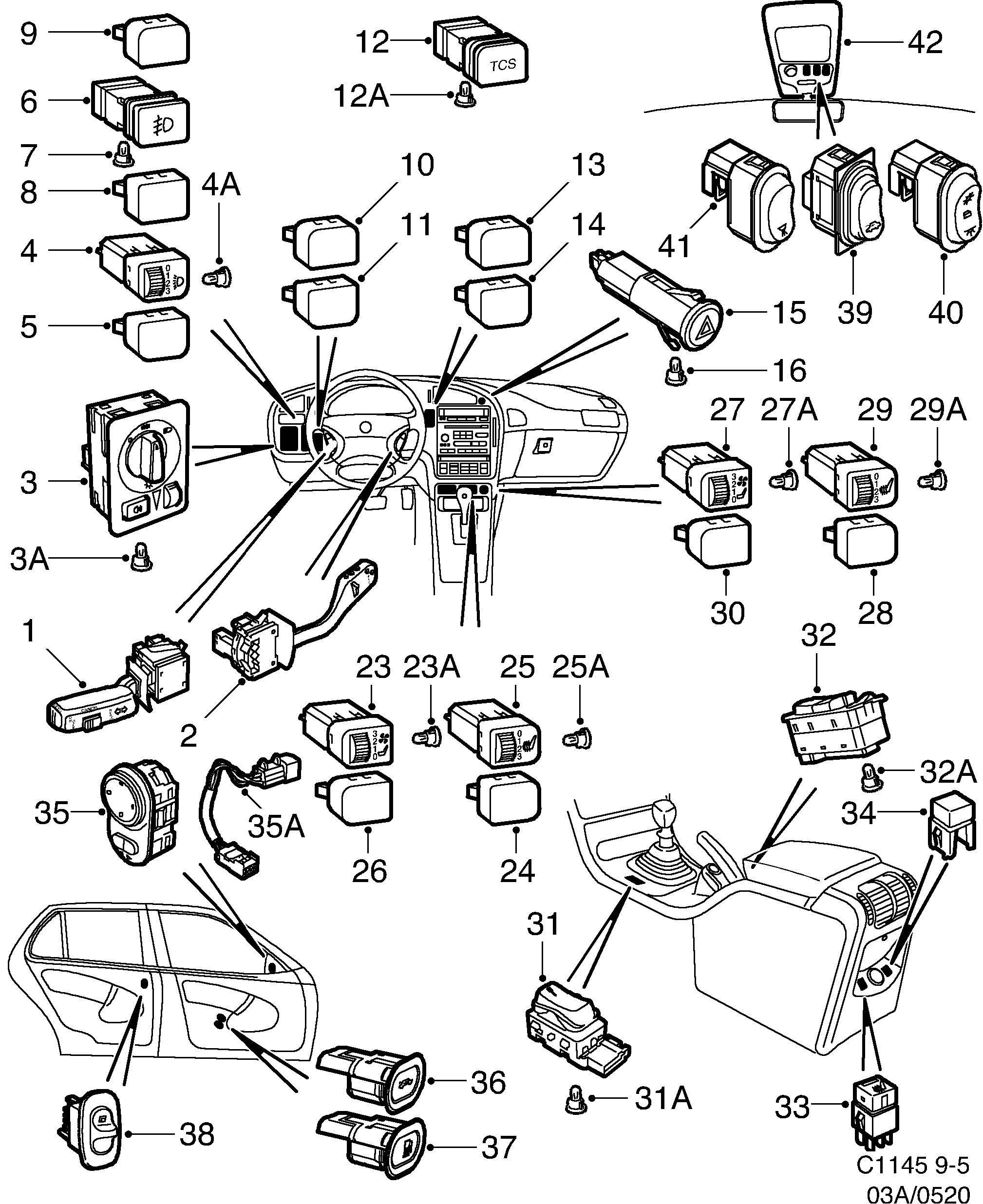 Schéma technique Saab 9-5 (9600) 1998 - Section 520 : Autre équipement électrique