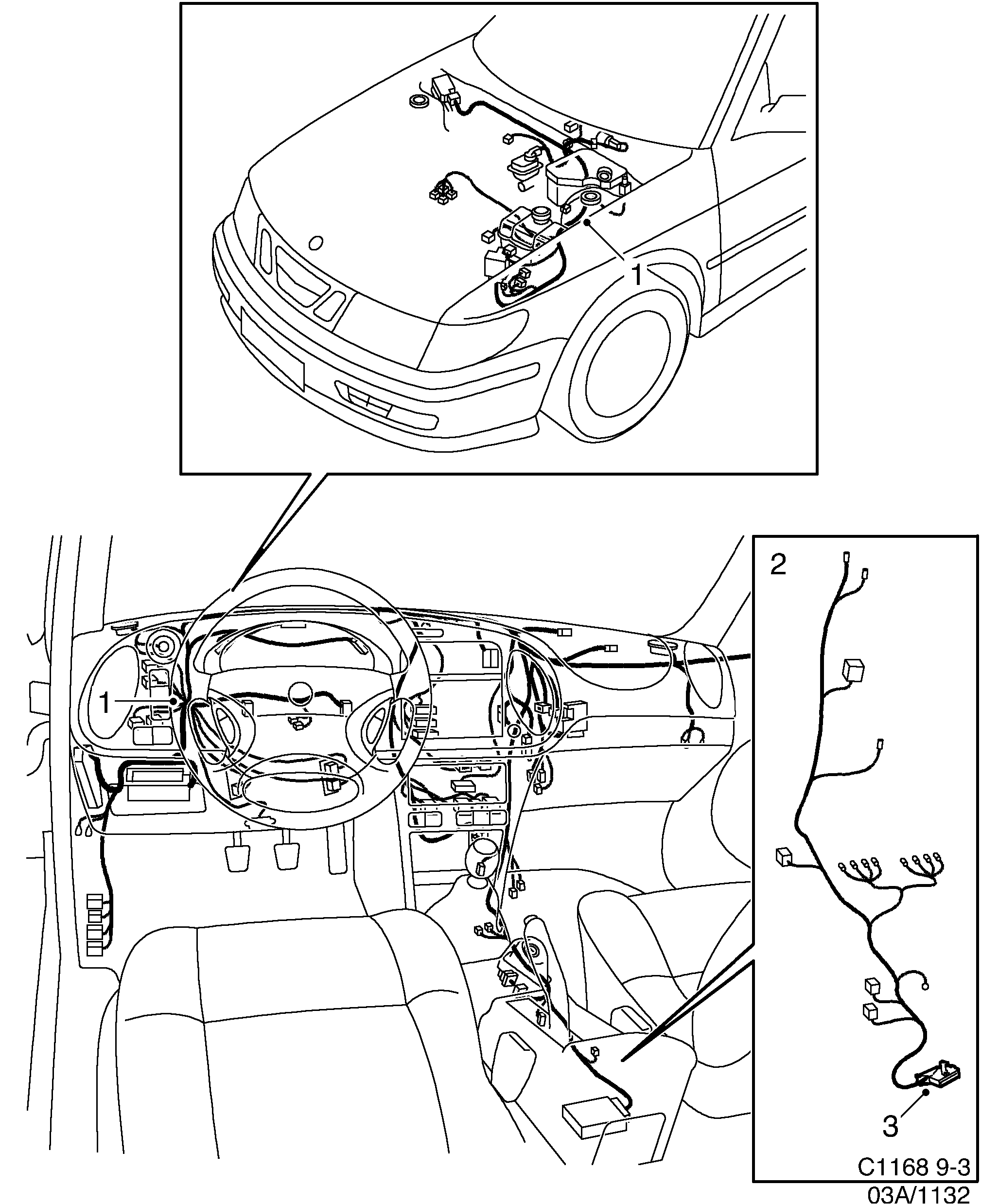 Schéma technique Saab 9-3 (9400) 2002 - Section 1132 : Conduites et fusibles