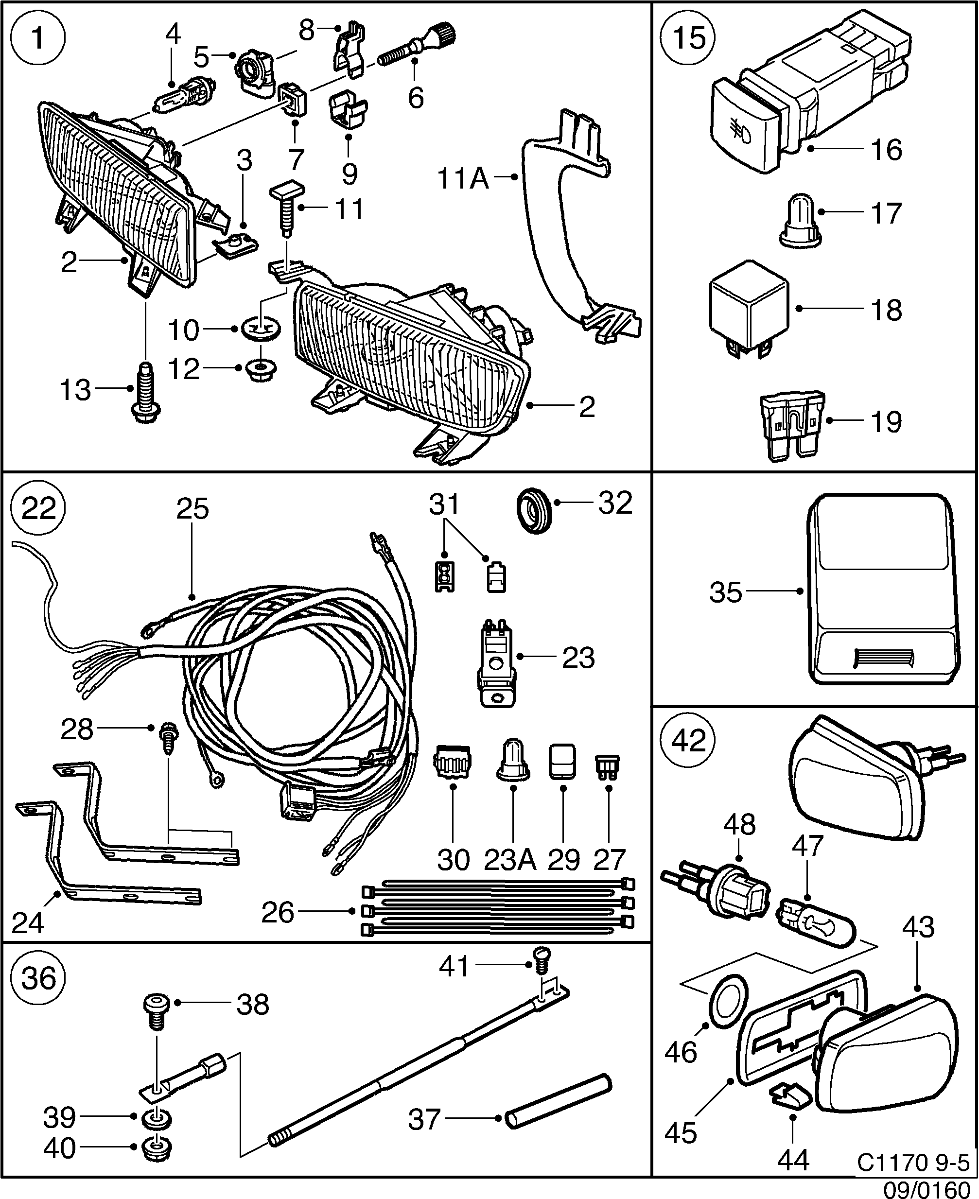 Schéma technique Saab 9-5 (9600) 2005 - Section 160 : Accessoire électrique