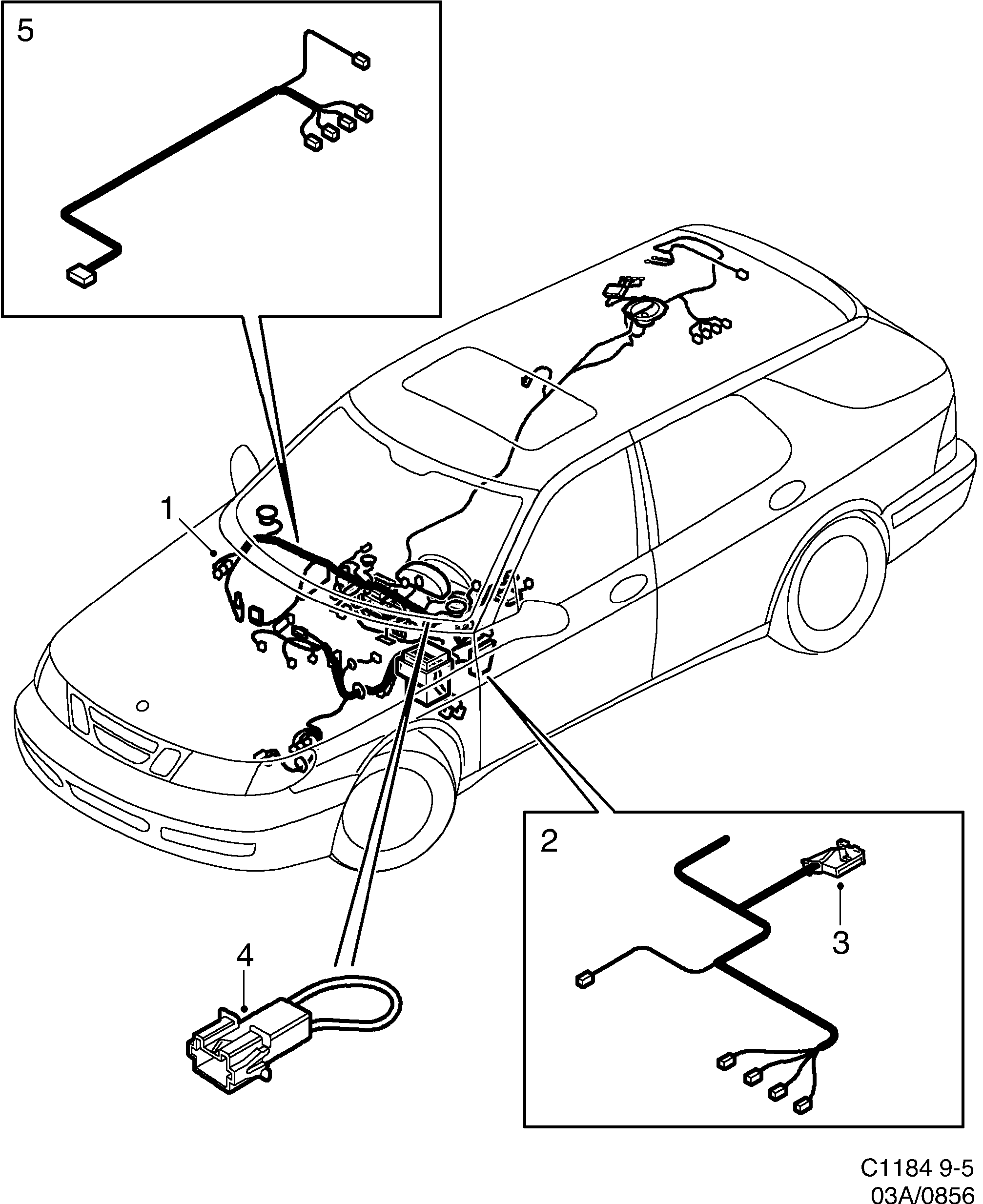 Schéma technique Saab 9-5 (9600) 2001 - Section 856 : Wiring and fuses