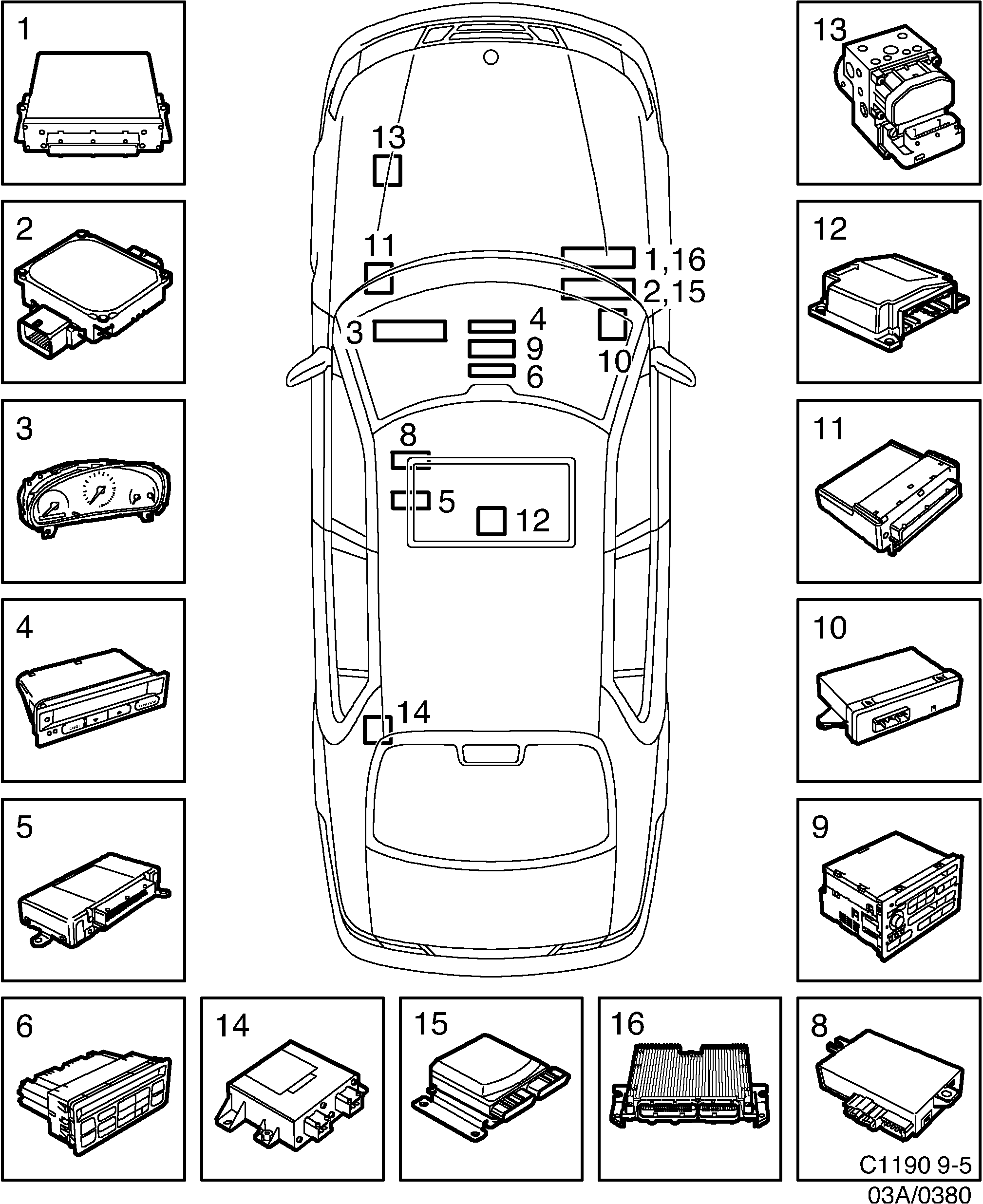 Schéma technique Saab 9-5 (9600) 2003 - Section 380 : Autre équipement électrique