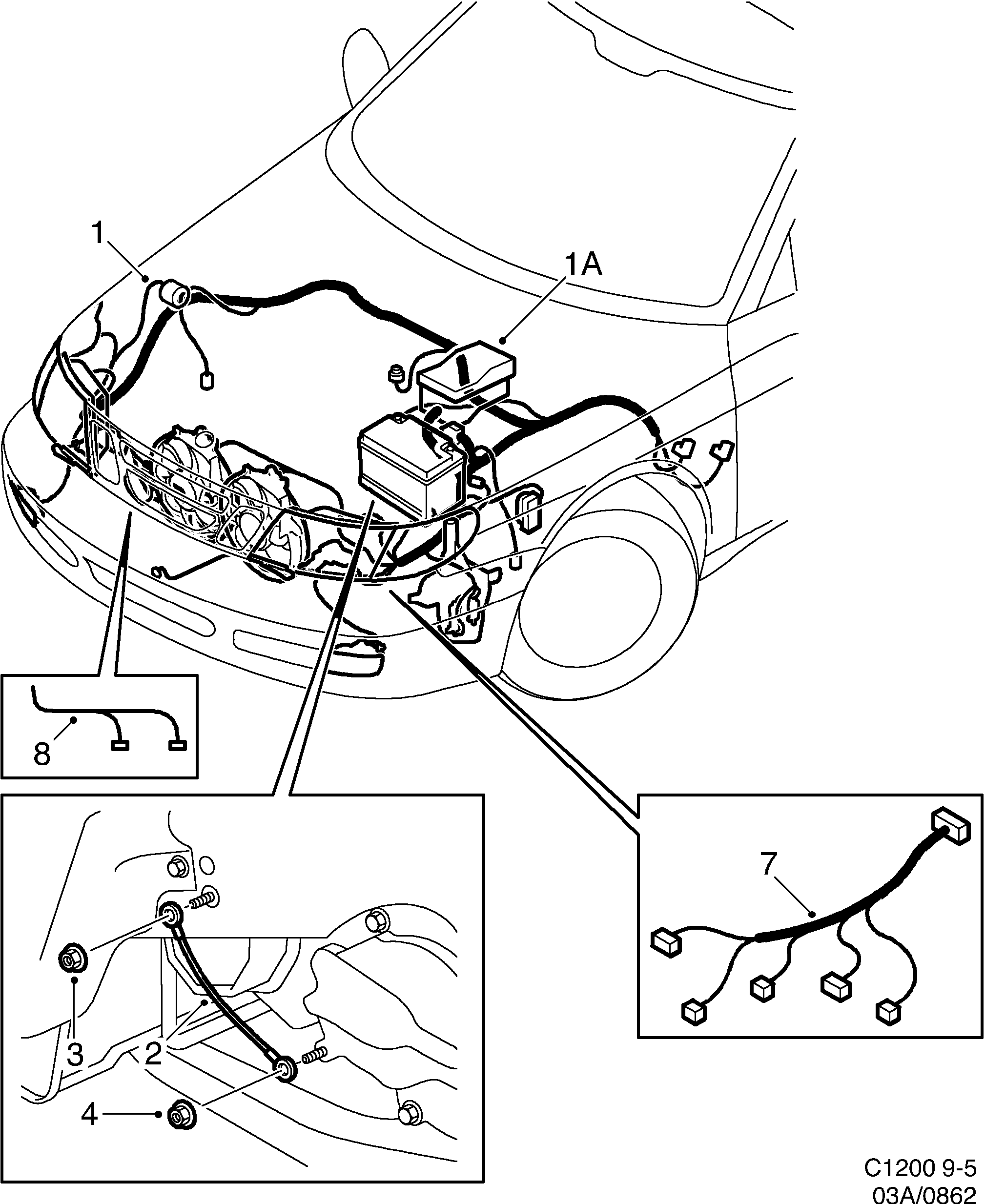 Schéma technique Saab 9-5 (9600) 2002 - Section 862 : Conduites et fusibles