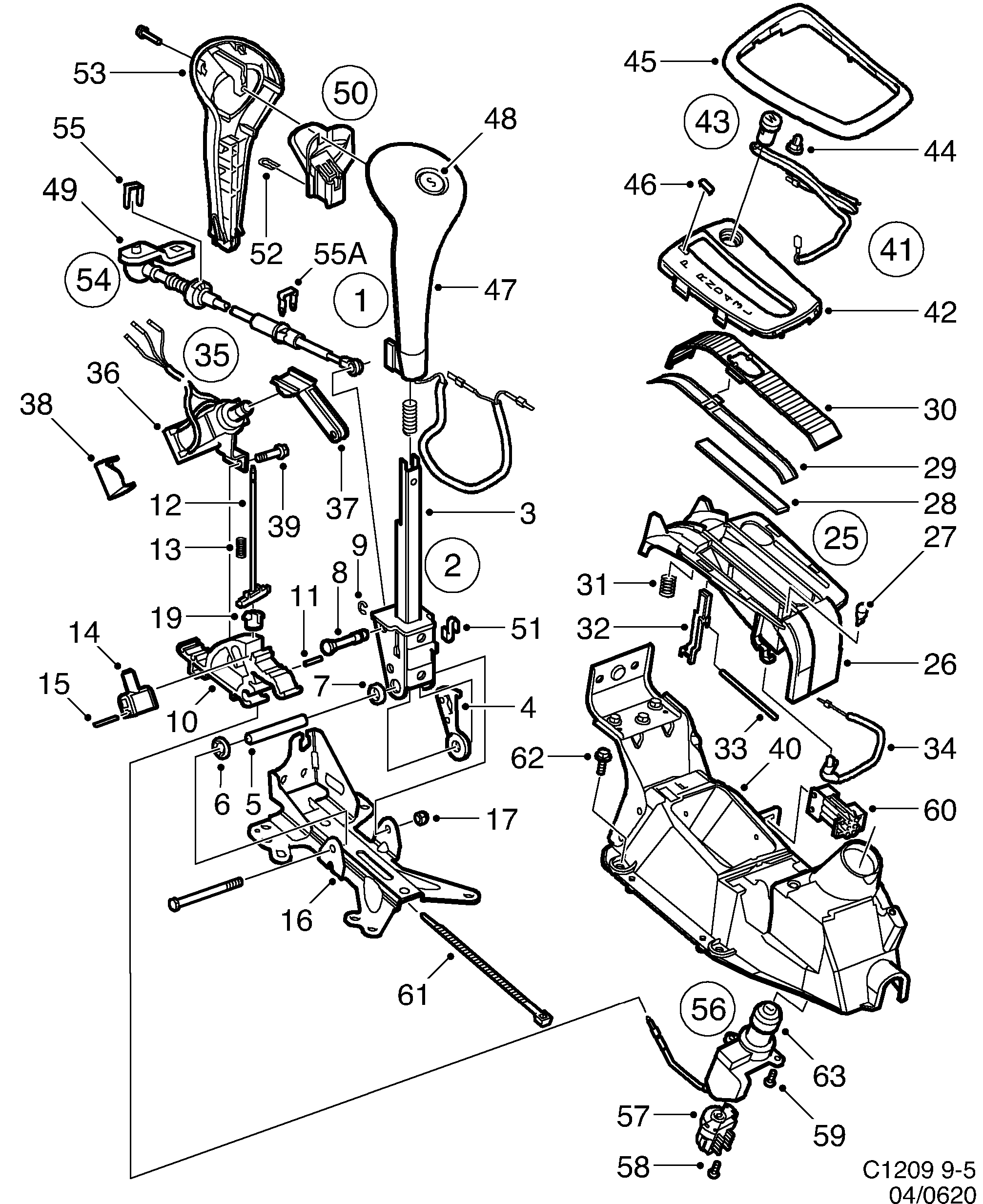 Schéma technique Saab 9-5 (9600) 2007 - Section 1100 : Commande de boîtes de vitesses automatique